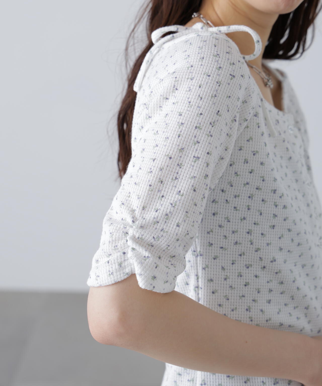 【MFM】リボンショルダー小花半袖カーディガン