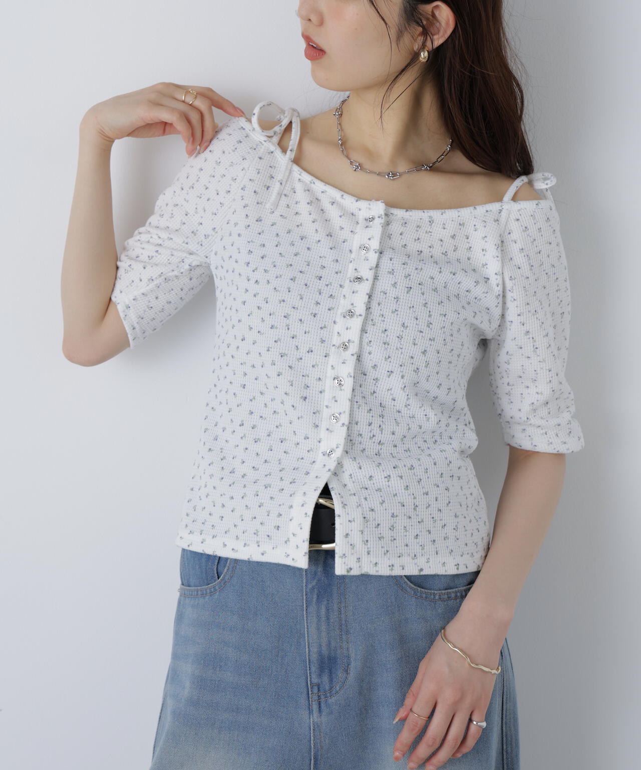 【MFM】リボンショルダー小花半袖カーディガン