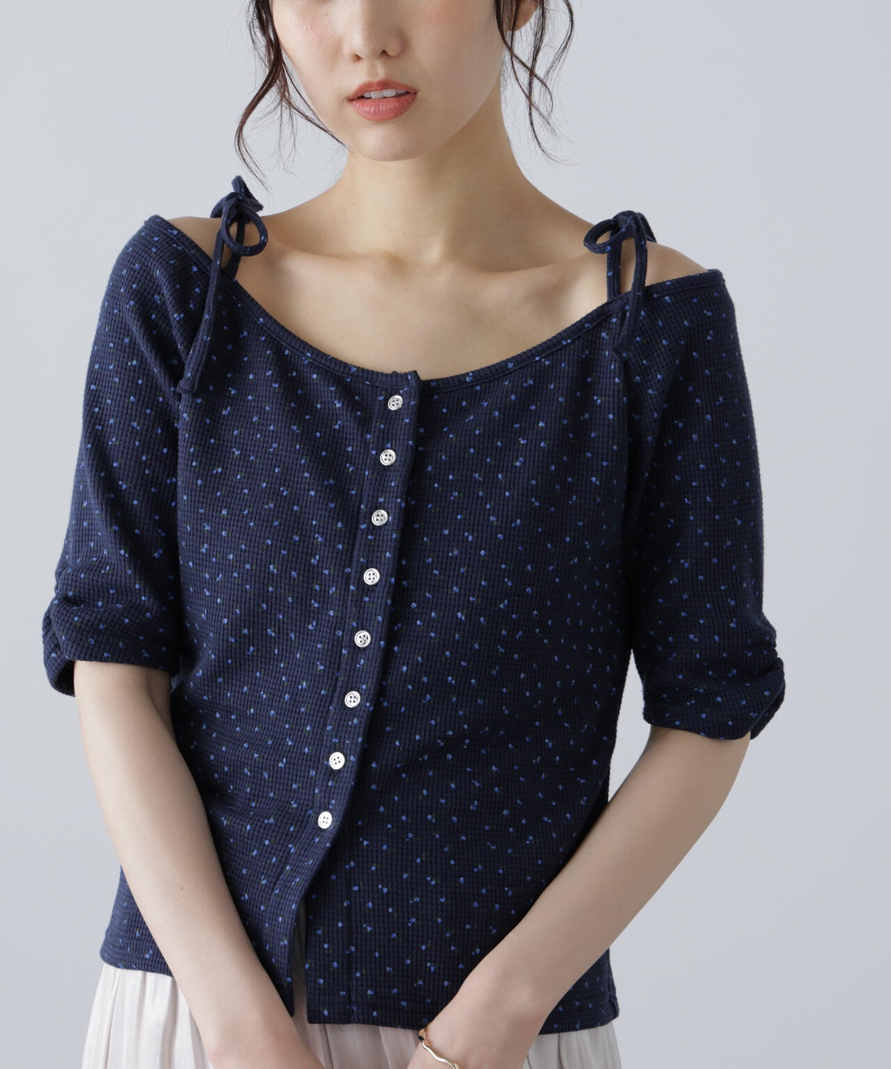 【MFM】リボンショルダー小花半袖カーディガン