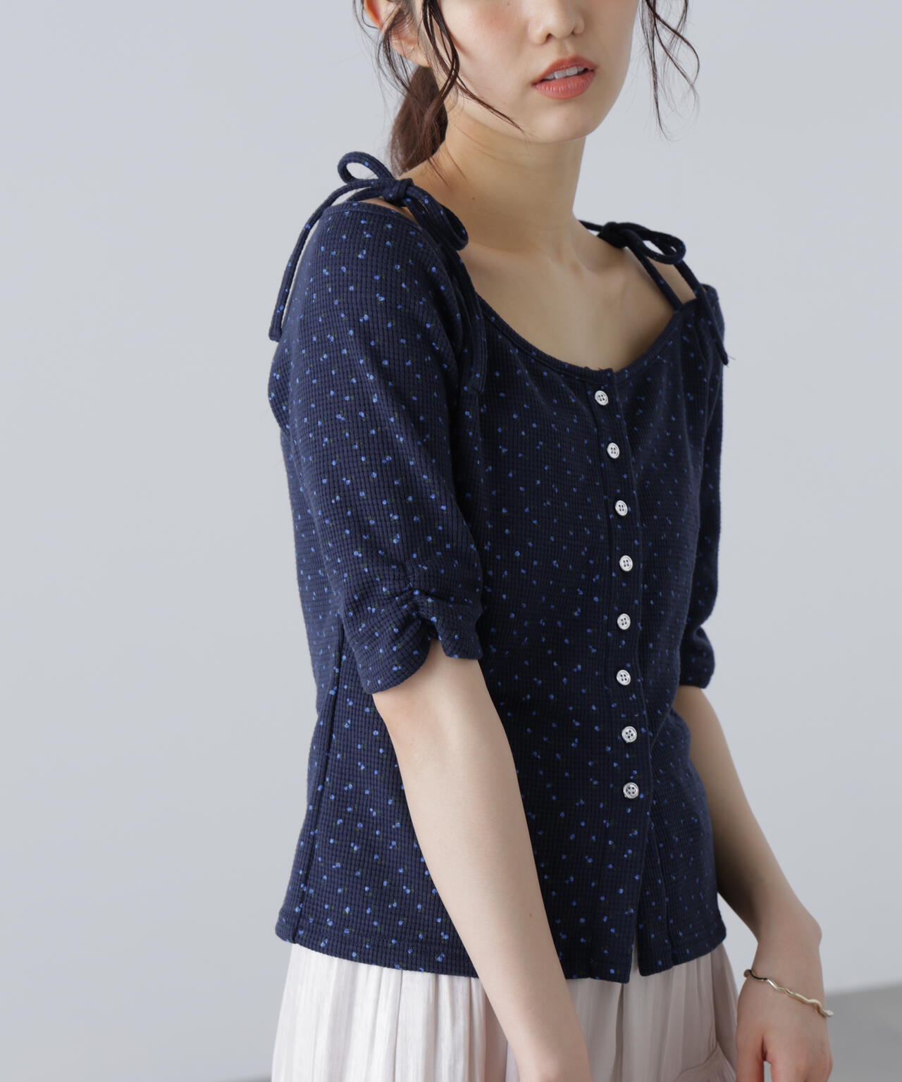 【MFM】リボンショルダー小花半袖カーディガン