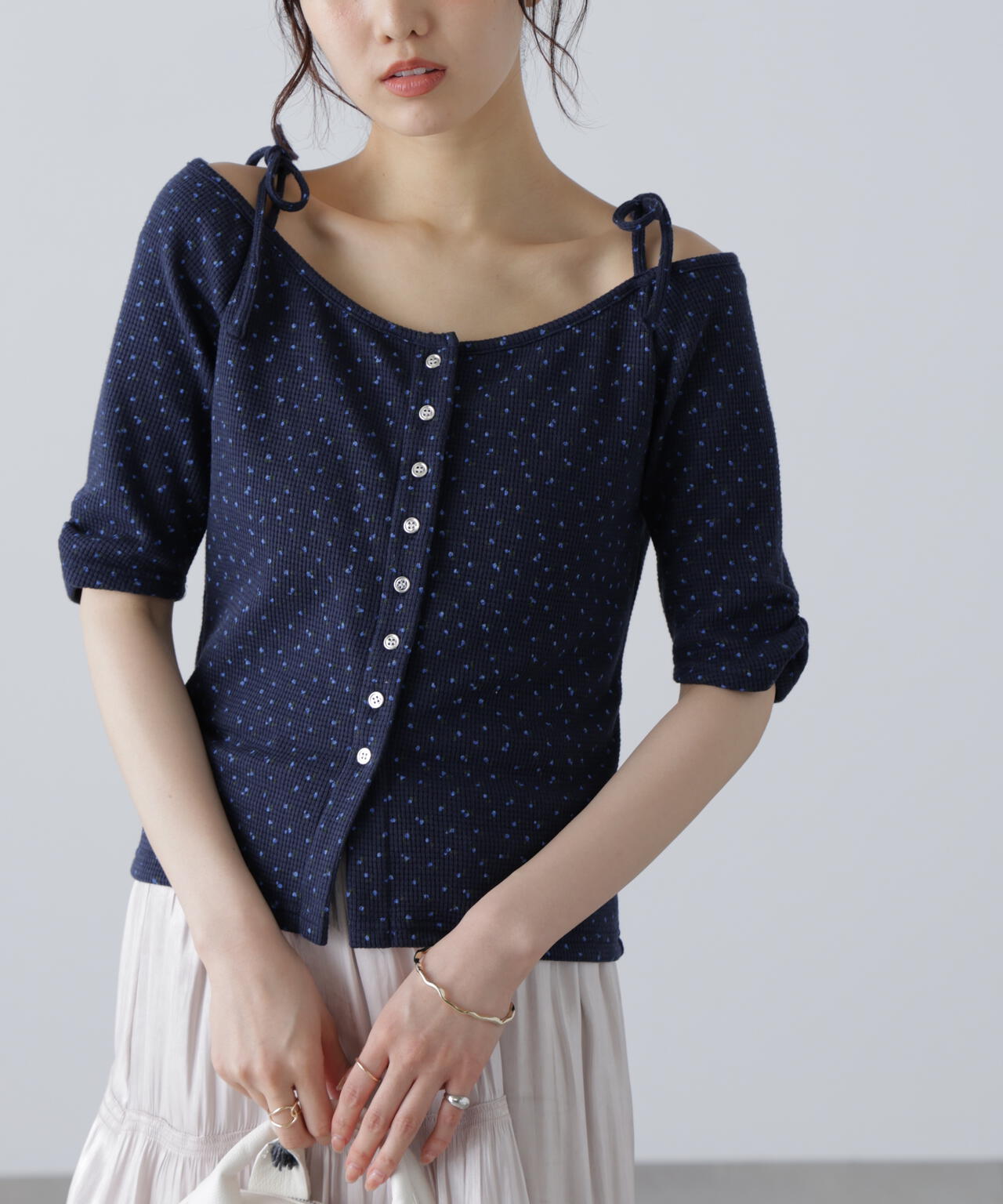 【MFM】リボンショルダー小花半袖カーディガン