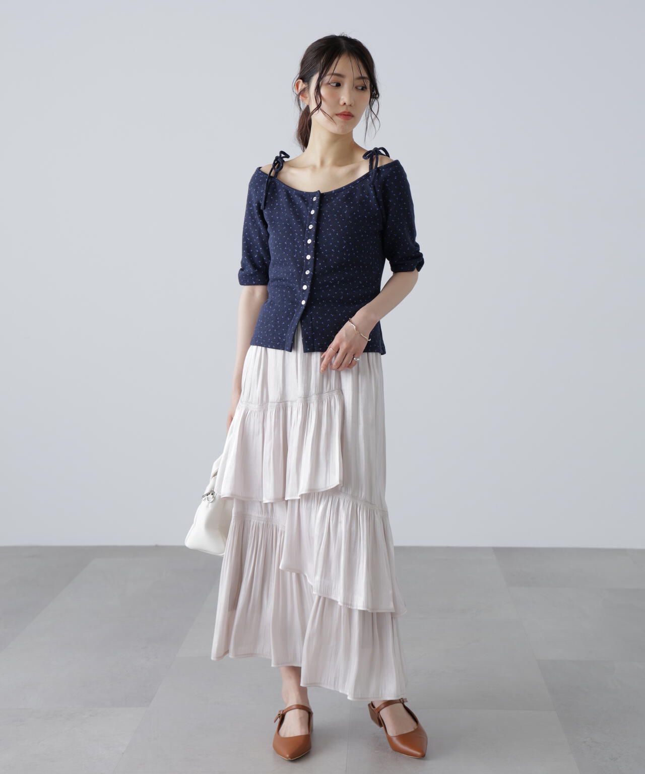 【MFM】リボンショルダー小花半袖カーディガン