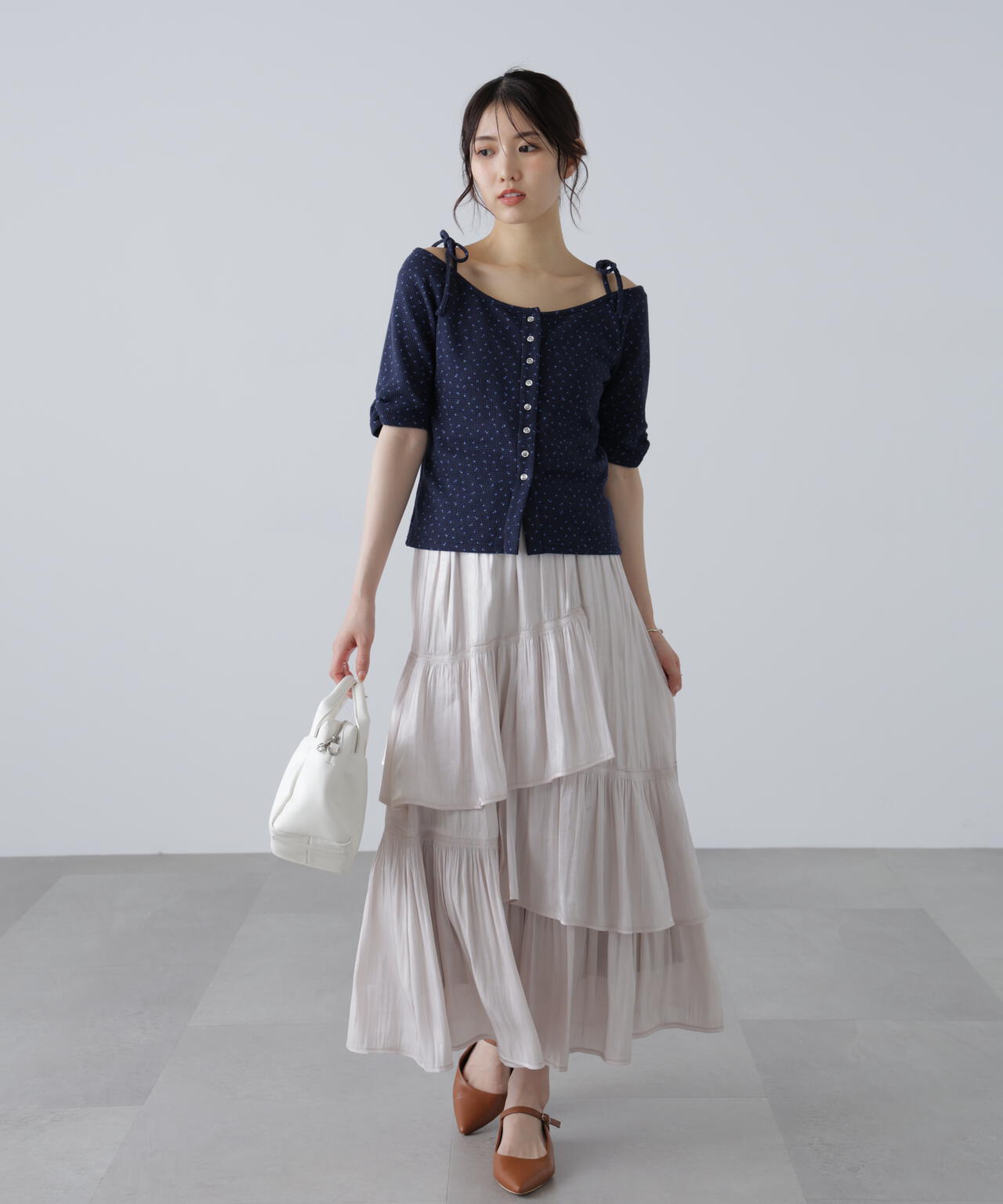 【MFM】リボンショルダー小花半袖カーディガン