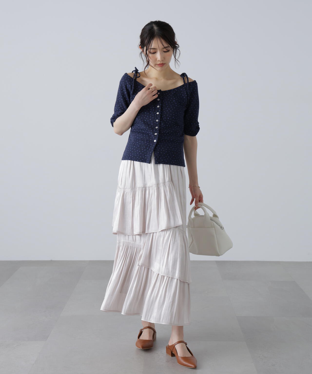 【MFM】リボンショルダー小花半袖カーディガン