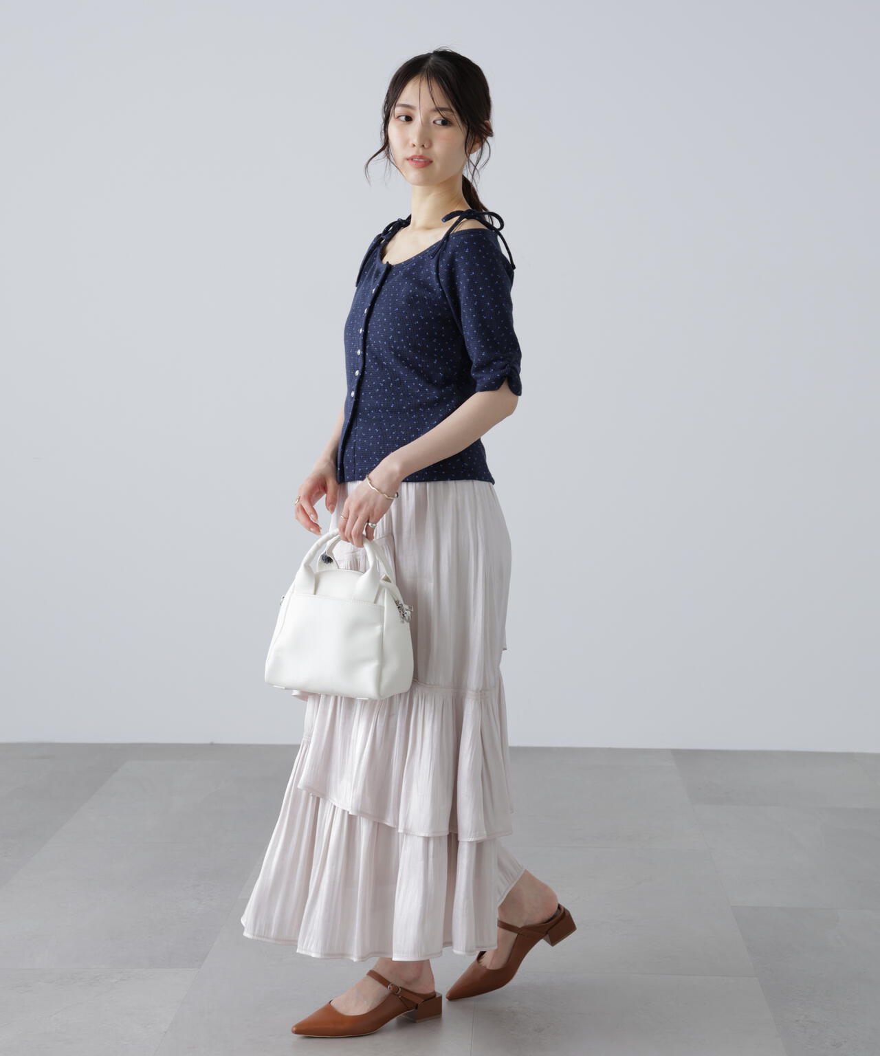 【MFM】リボンショルダー小花半袖カーディガン