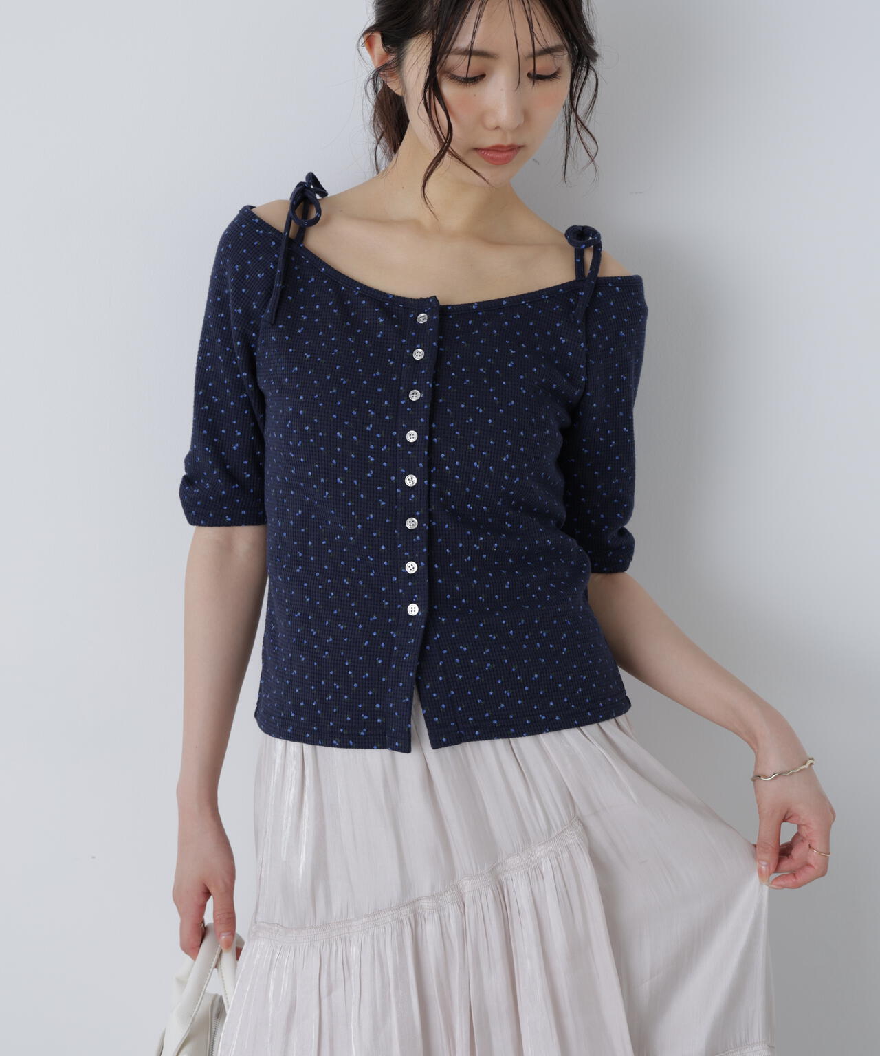 【MFM】リボンショルダー小花半袖カーディガン