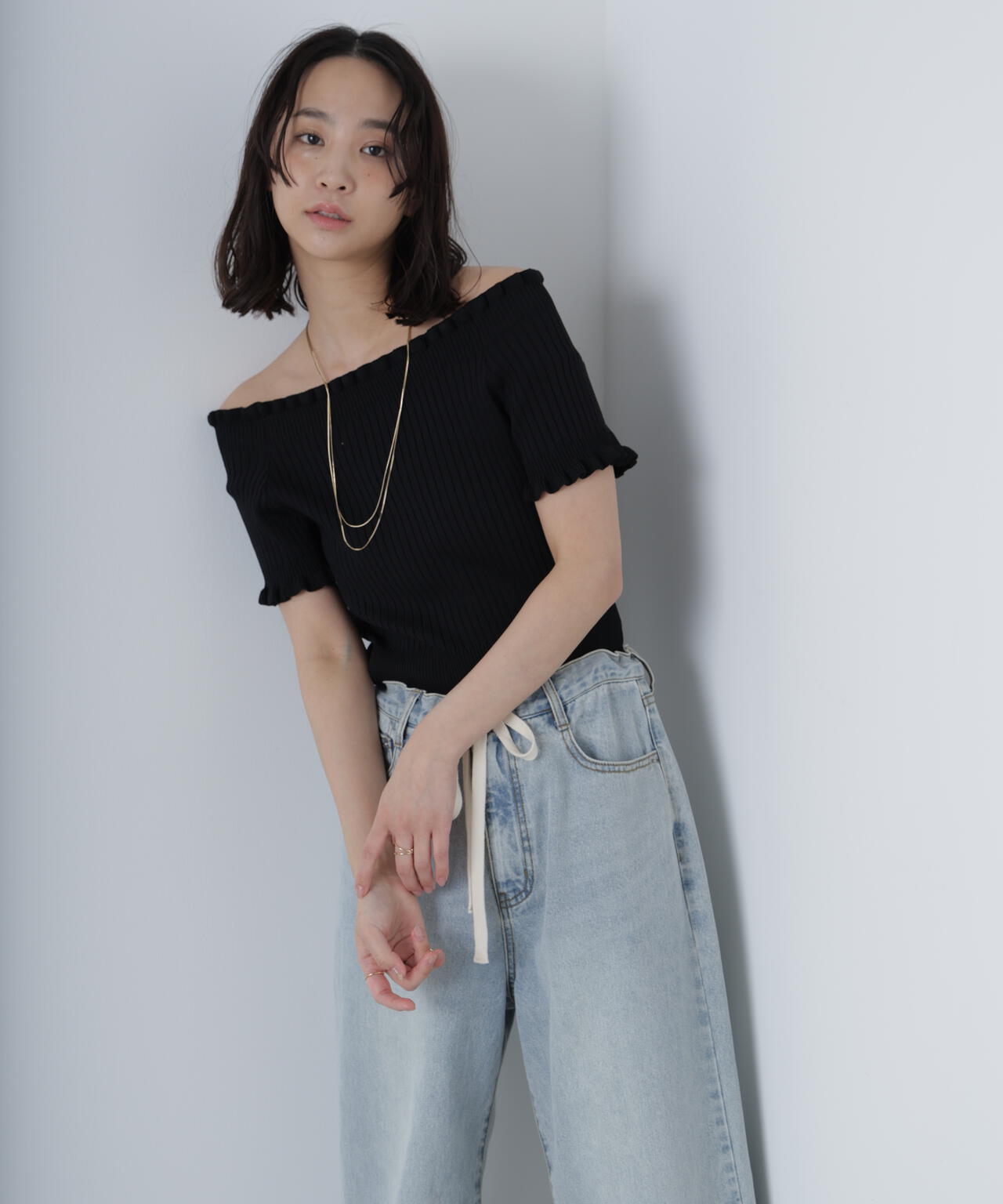 2wayオフショルフリルリブ半袖ニット