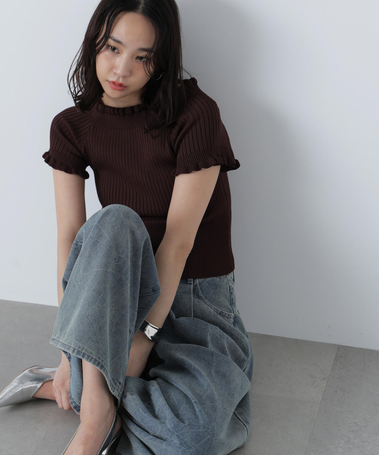 2wayオフショルフリルリブ半袖ニット