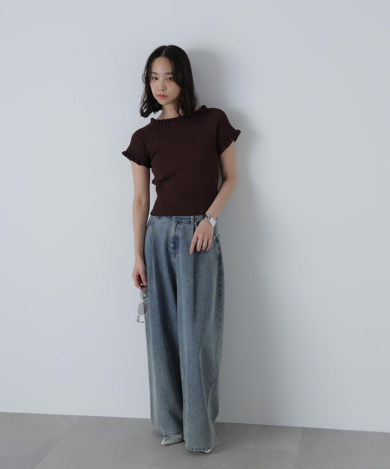 2wayオフショルフリルリブ半袖ニット