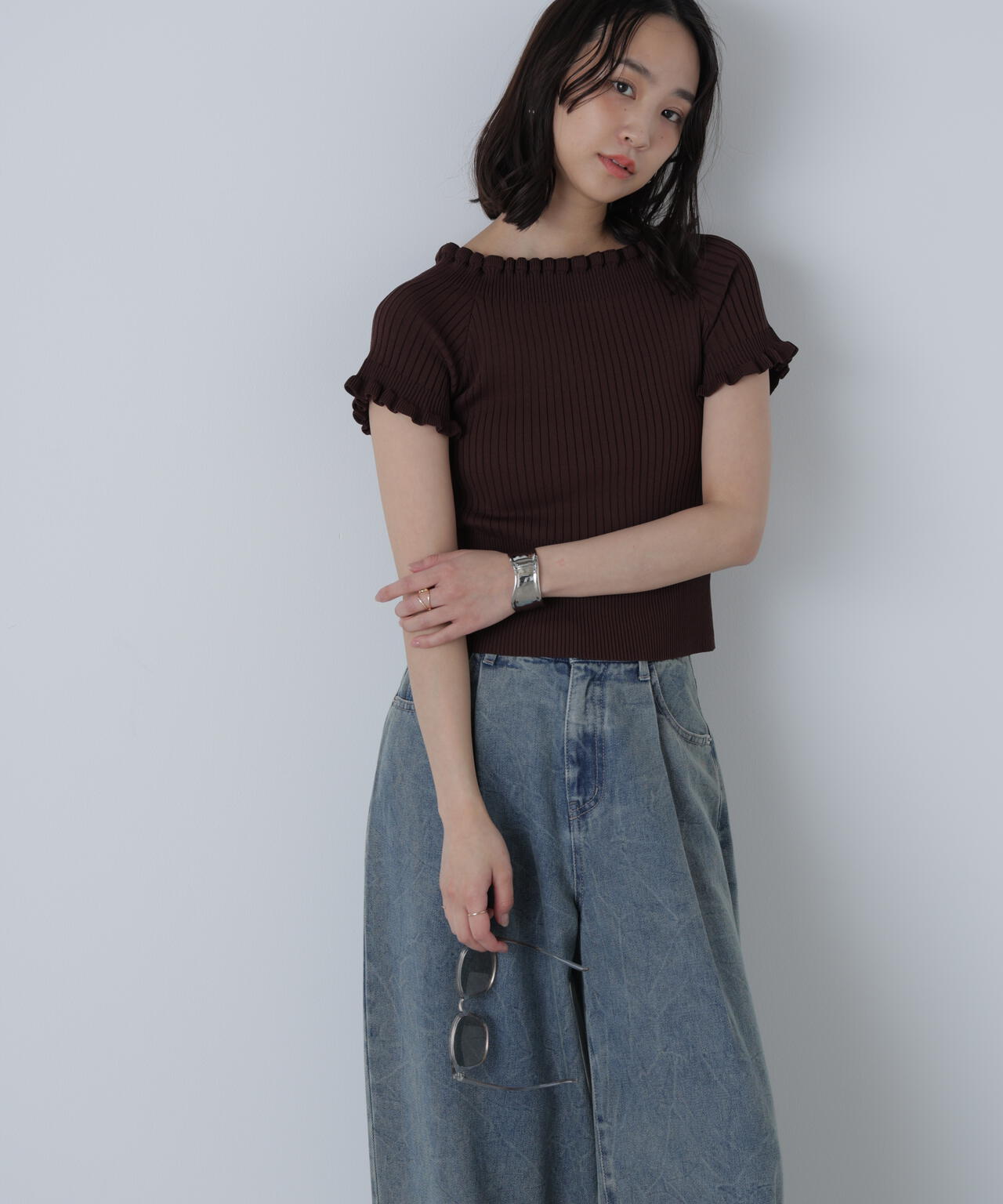 2wayオフショルフリルリブ半袖ニット