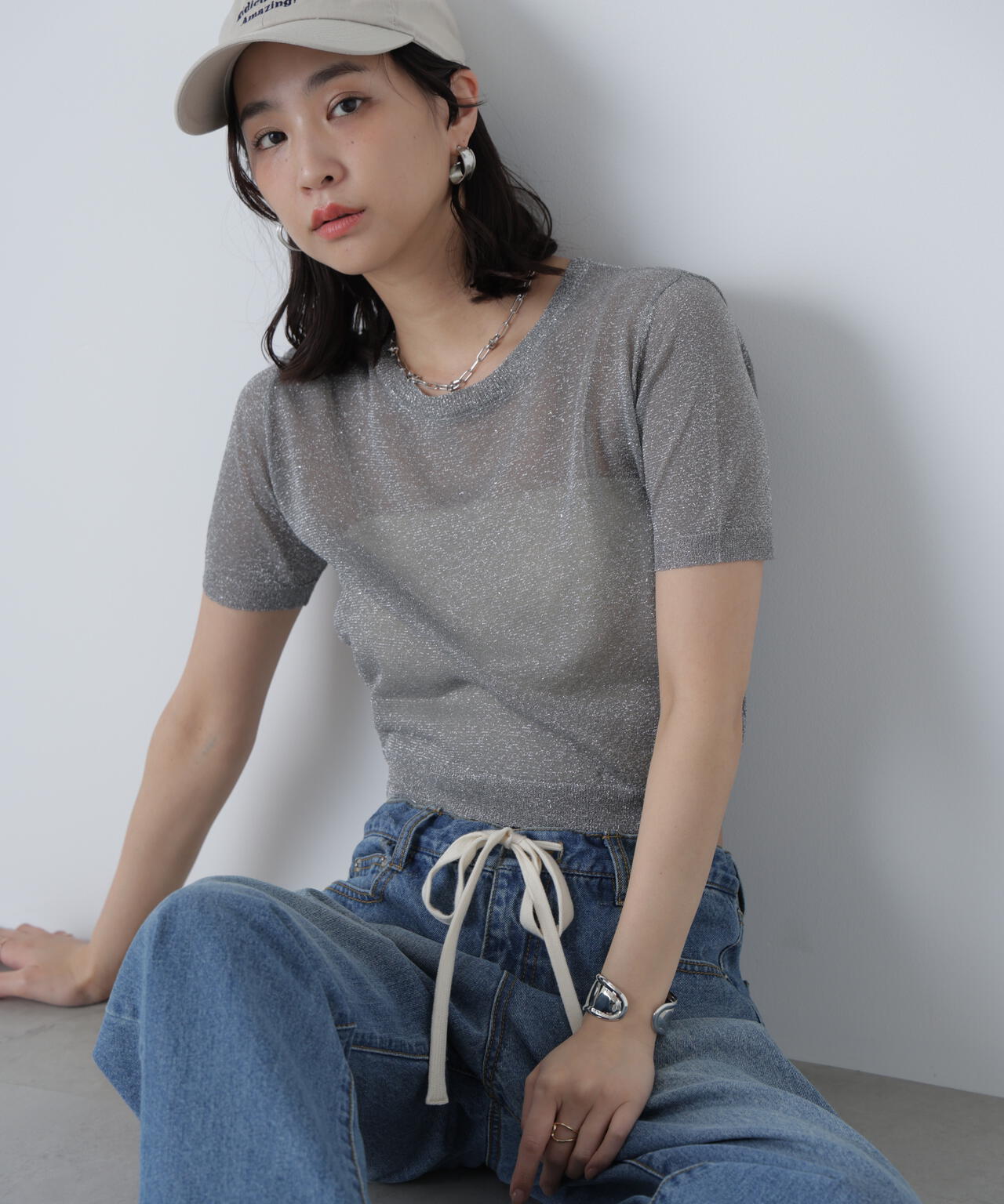 コンパクトラメシアー半袖ニット