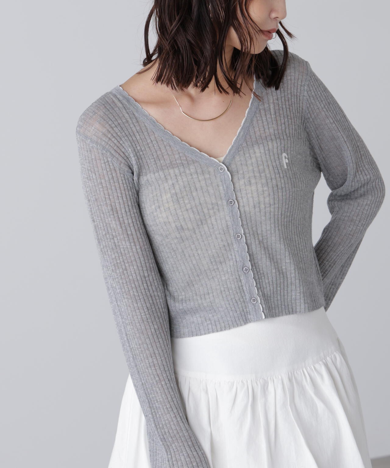 配色ラインスカラップシアーリブカーディガン