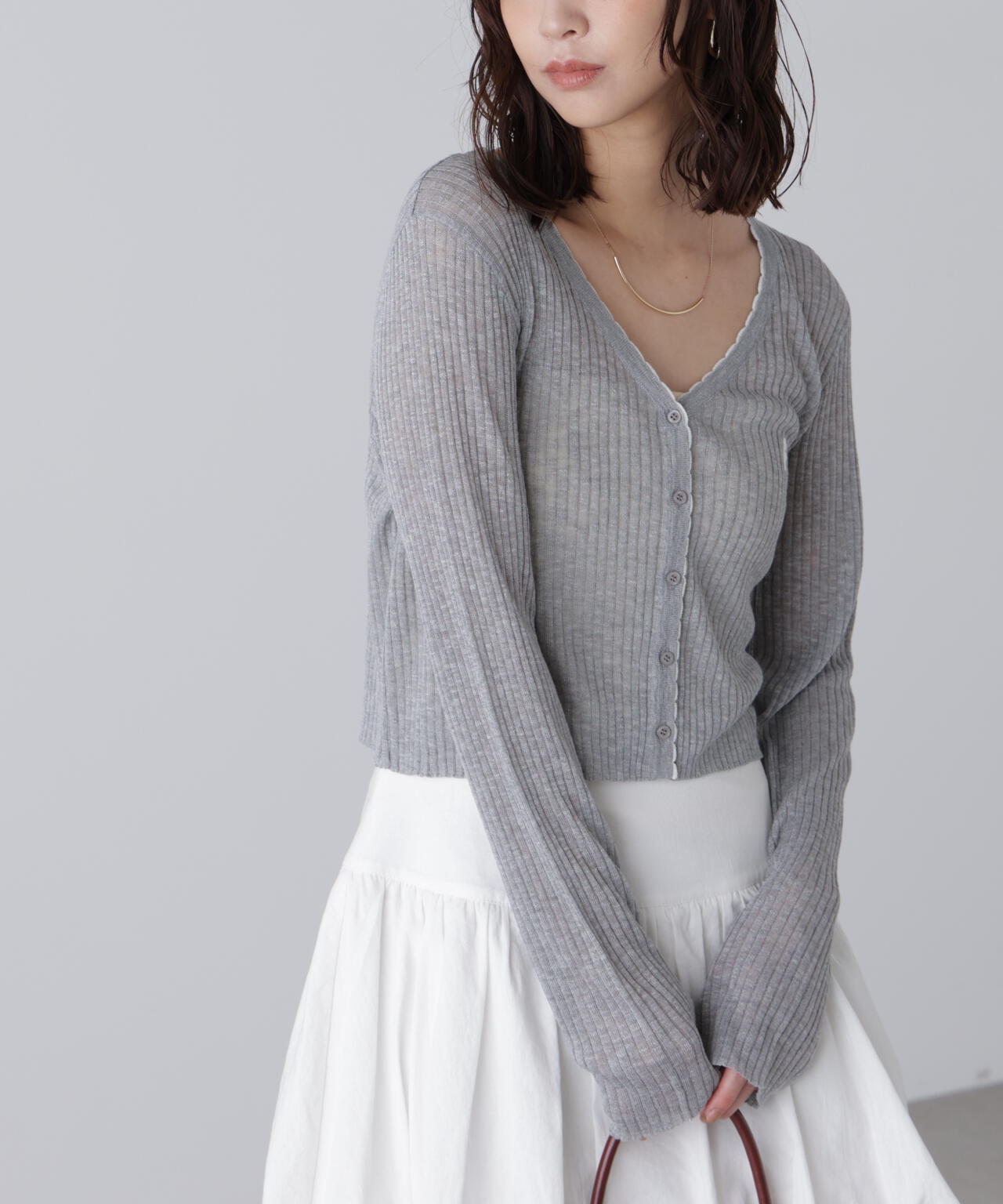 配色ラインスカラップシアーリブカーディガン