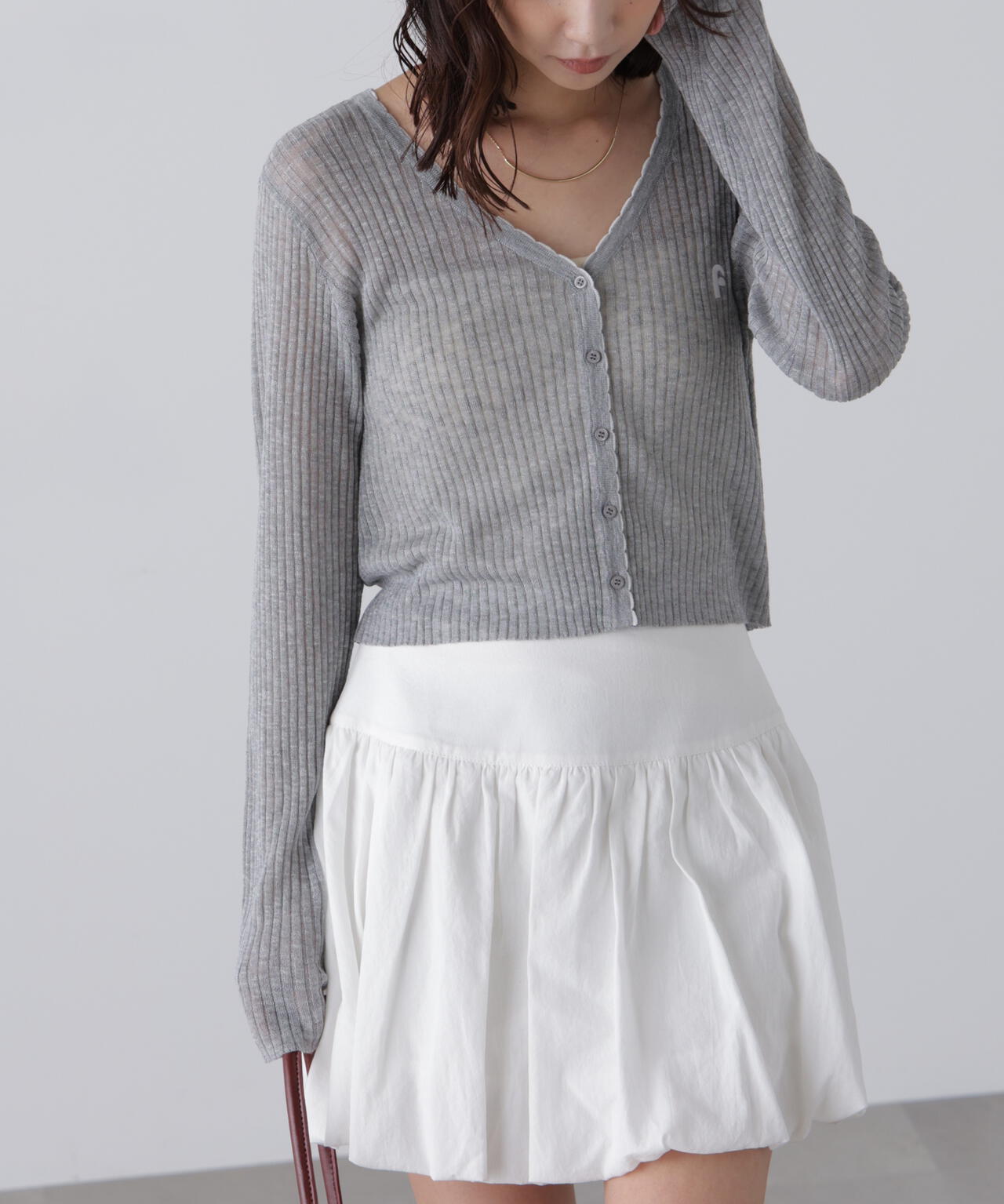 配色ラインスカラップシアーリブカーディガン