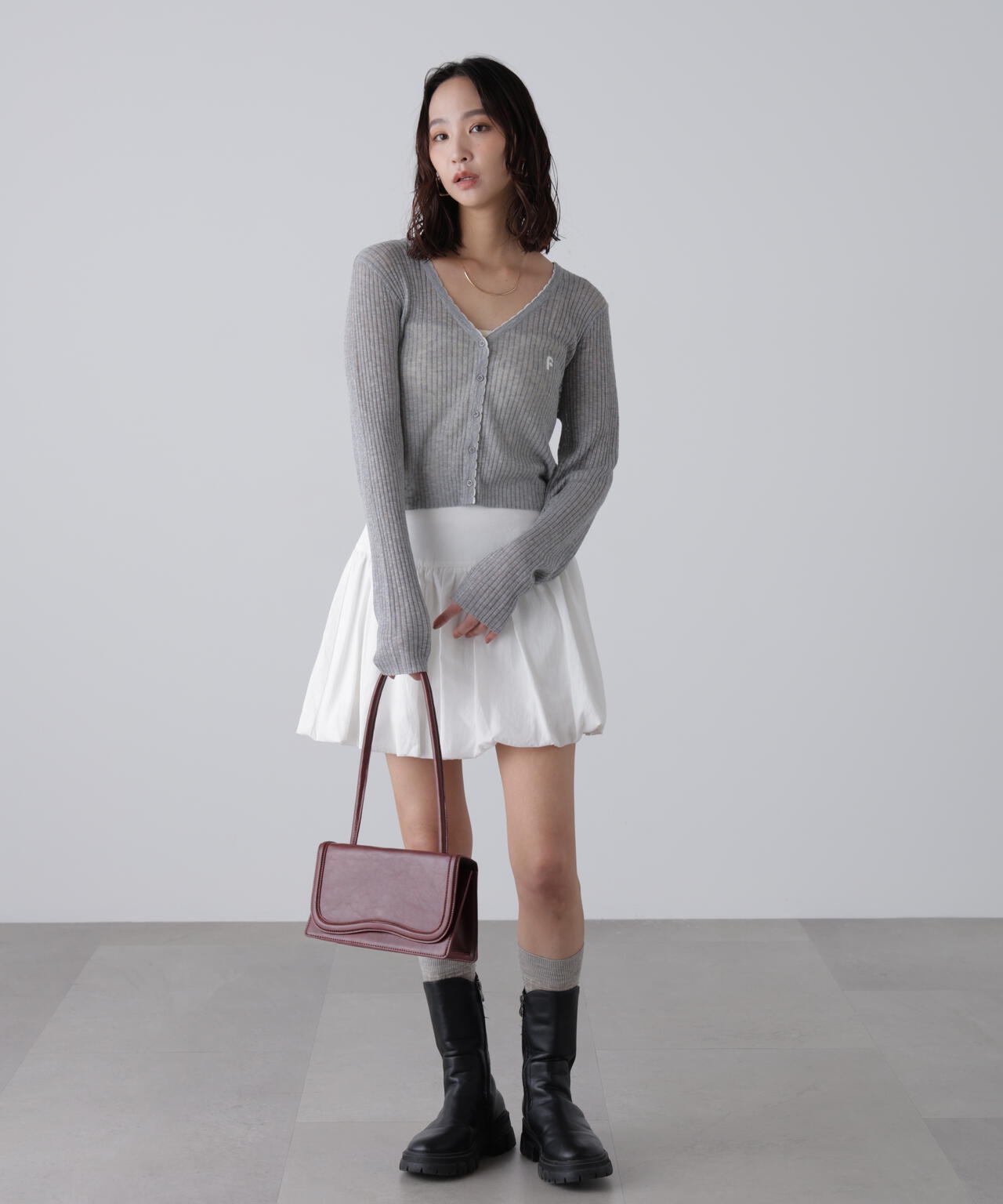 配色ラインスカラップシアーリブカーディガン