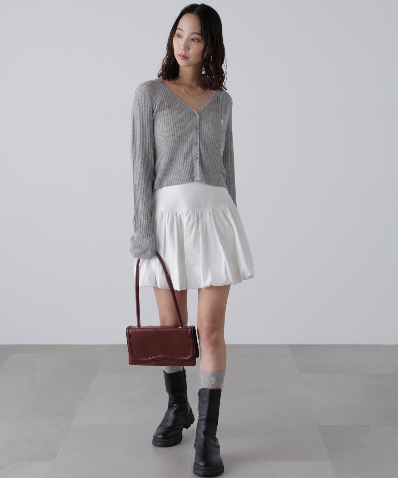 配色ラインスカラップシアーリブカーディガン