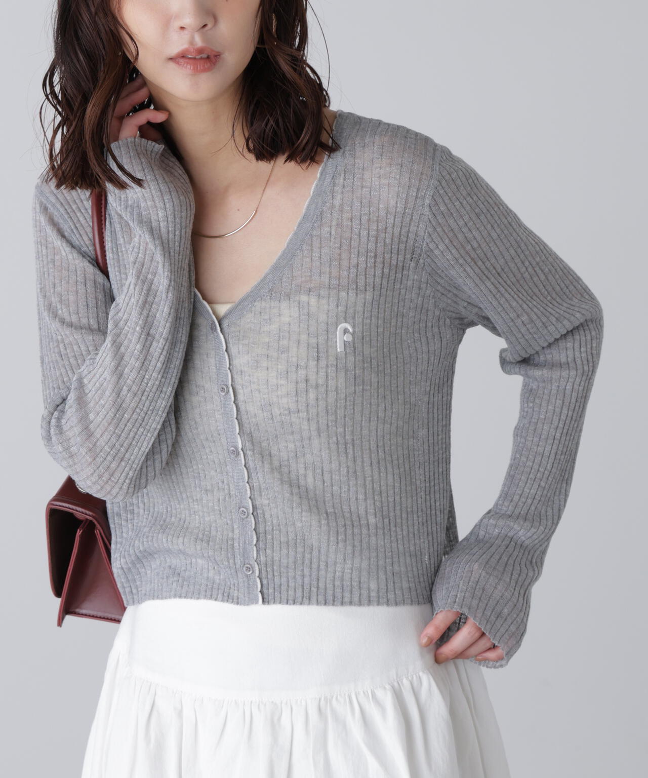 配色ラインスカラップシアーリブカーディガン