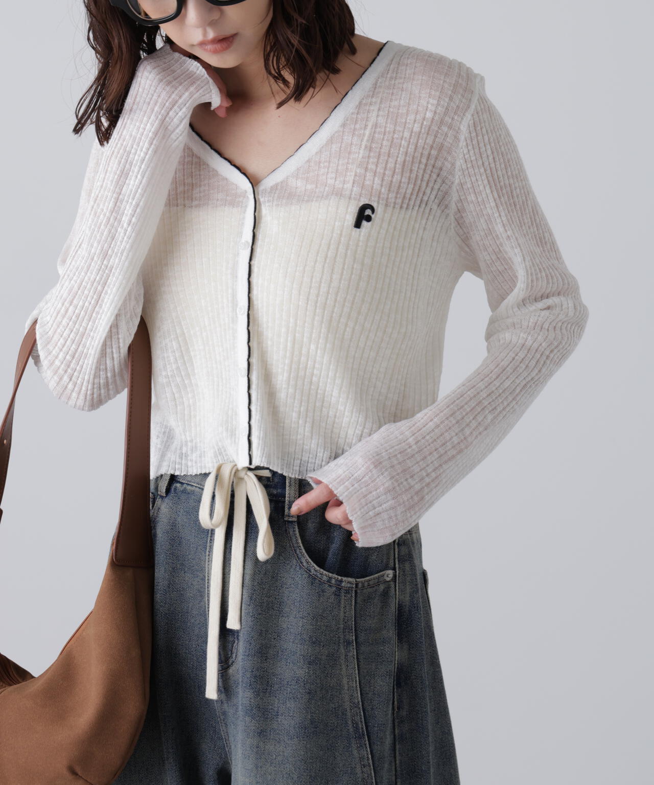 配色ラインスカラップシアーリブカーディガン