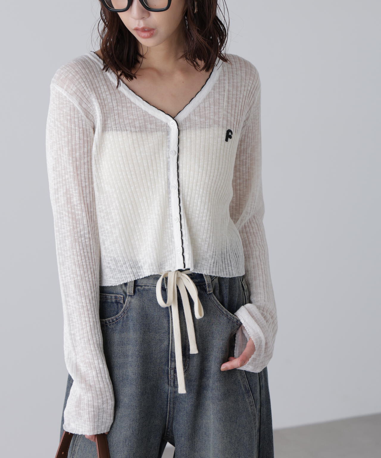 配色ラインスカラップシアーリブカーディガン