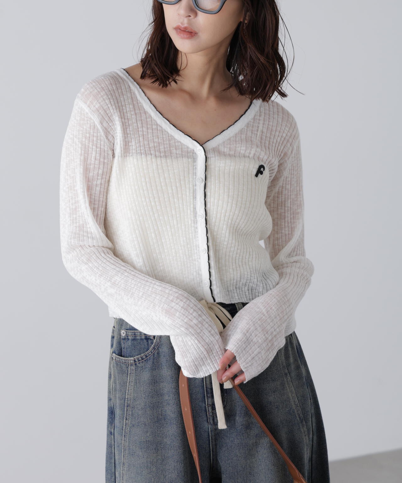 配色ラインスカラップシアーリブカーディガン
