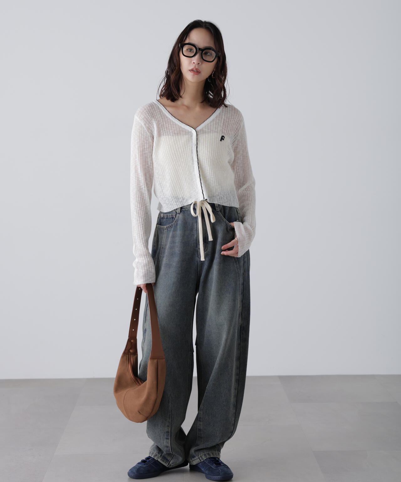 配色ラインスカラップシアーリブカーディガン