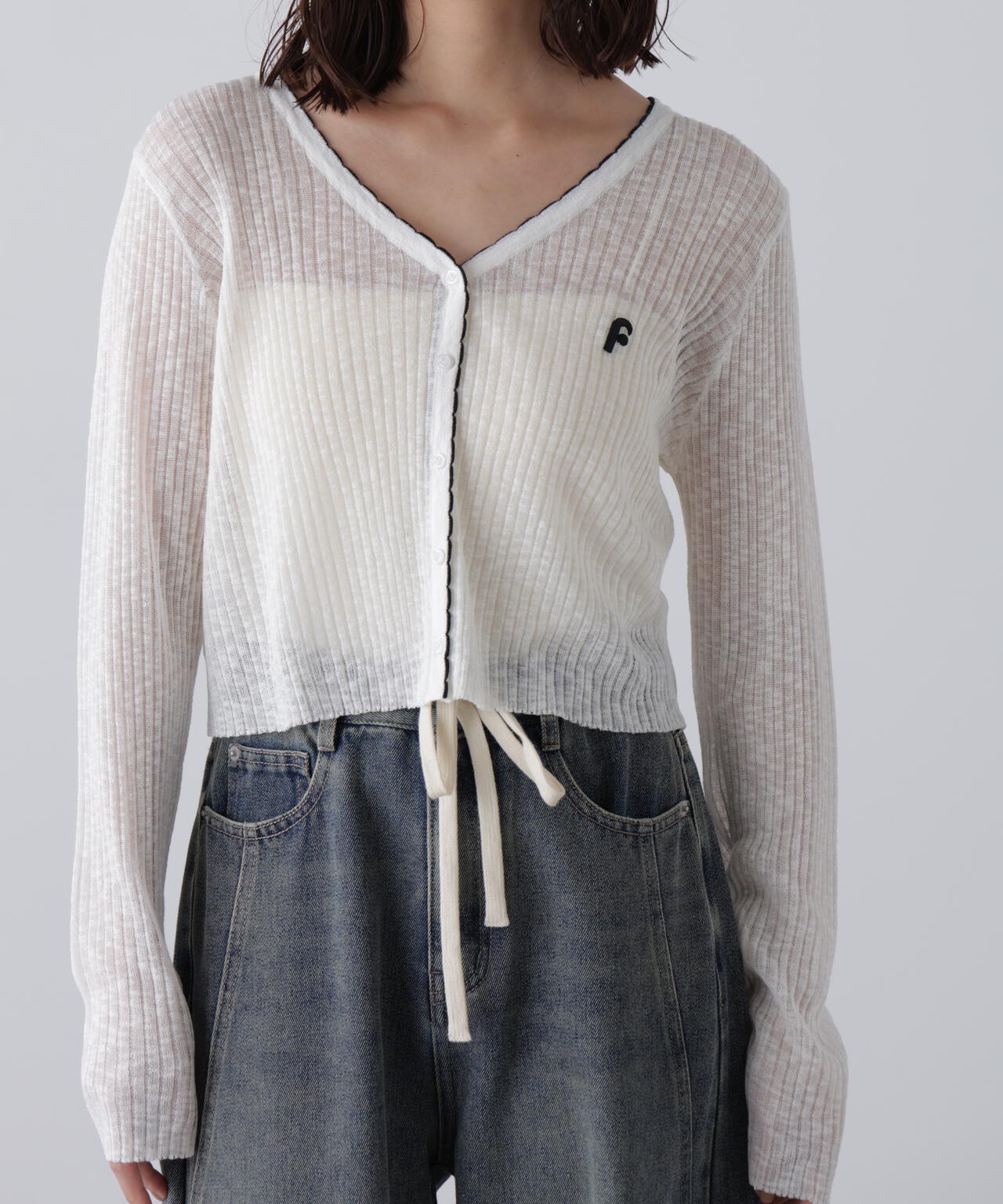 配色ラインスカラップシアーリブカーディガン