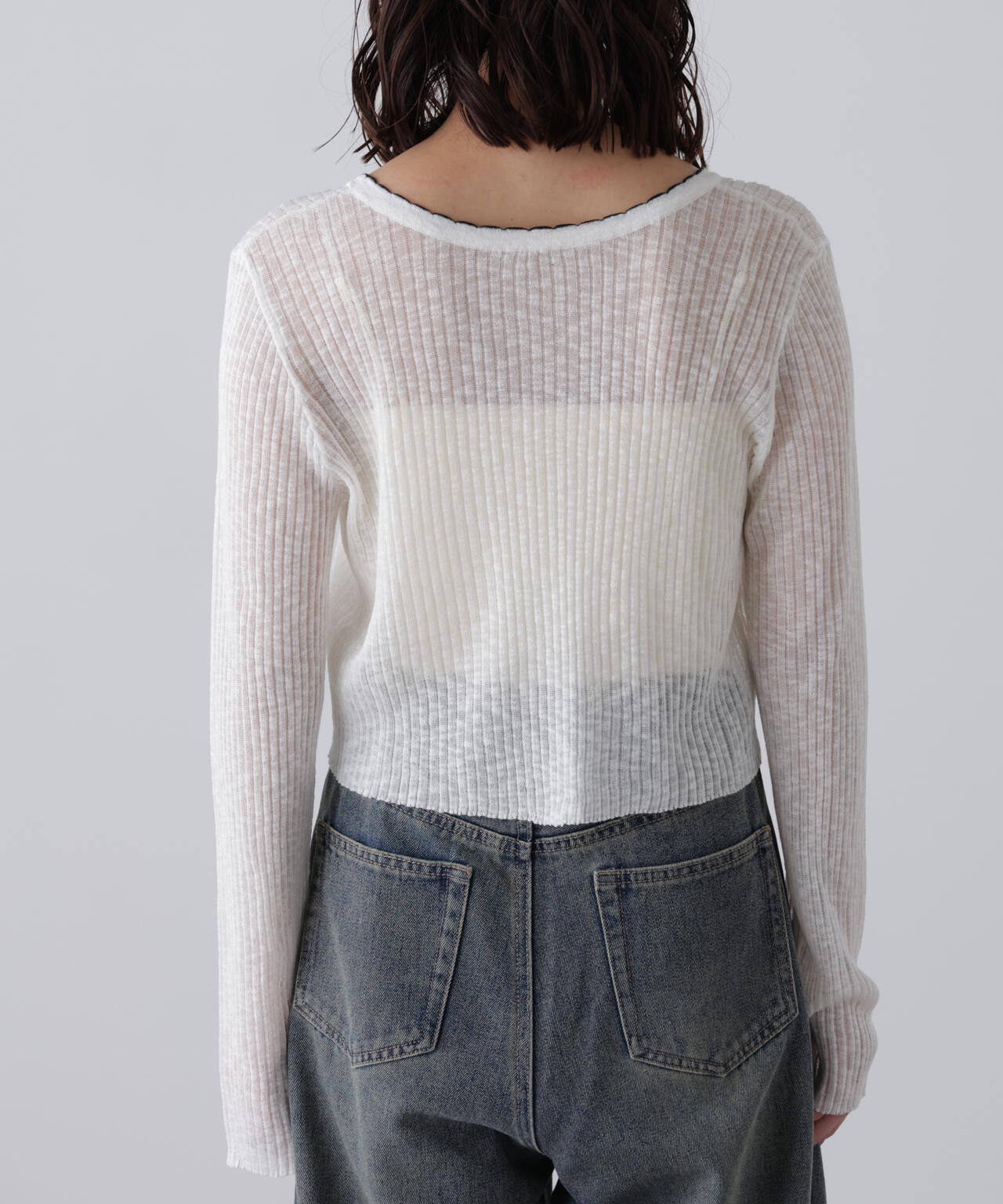 配色ラインスカラップシアーリブカーディガン