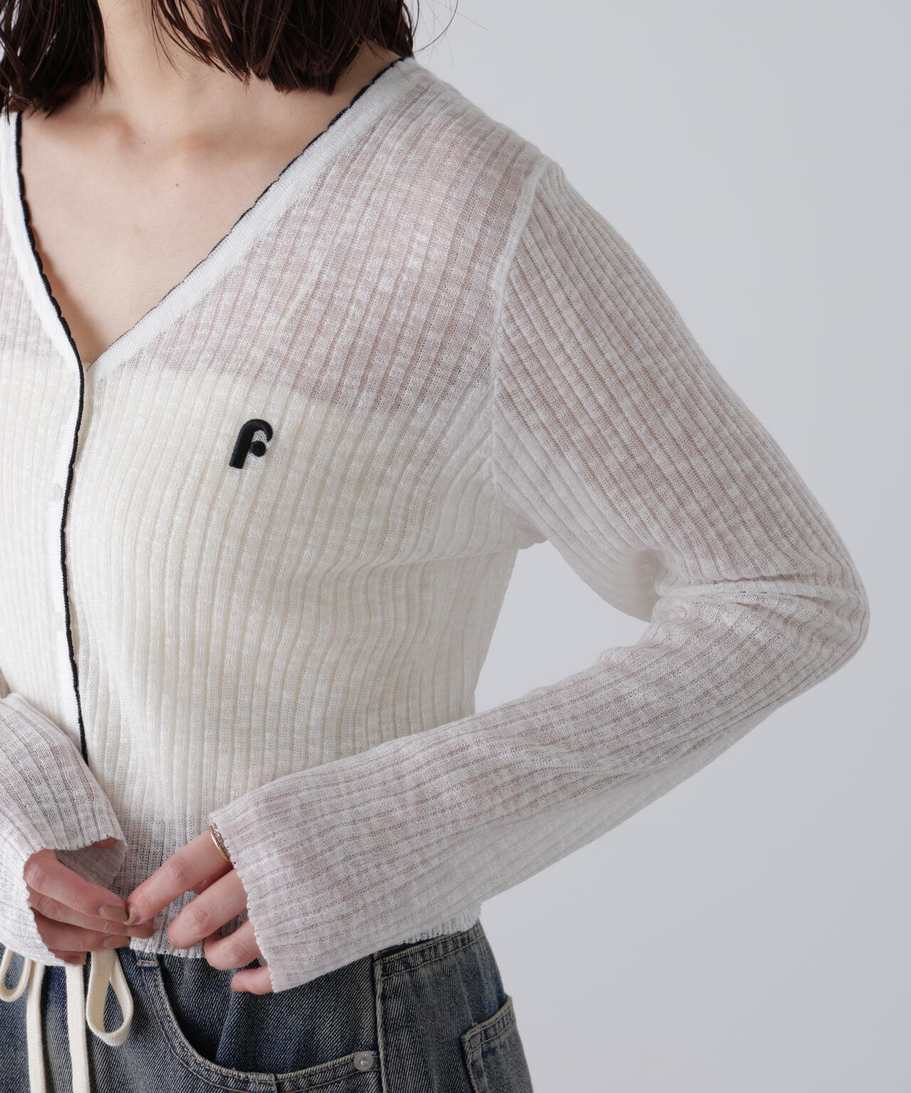 配色ラインスカラップシアーリブカーディガン