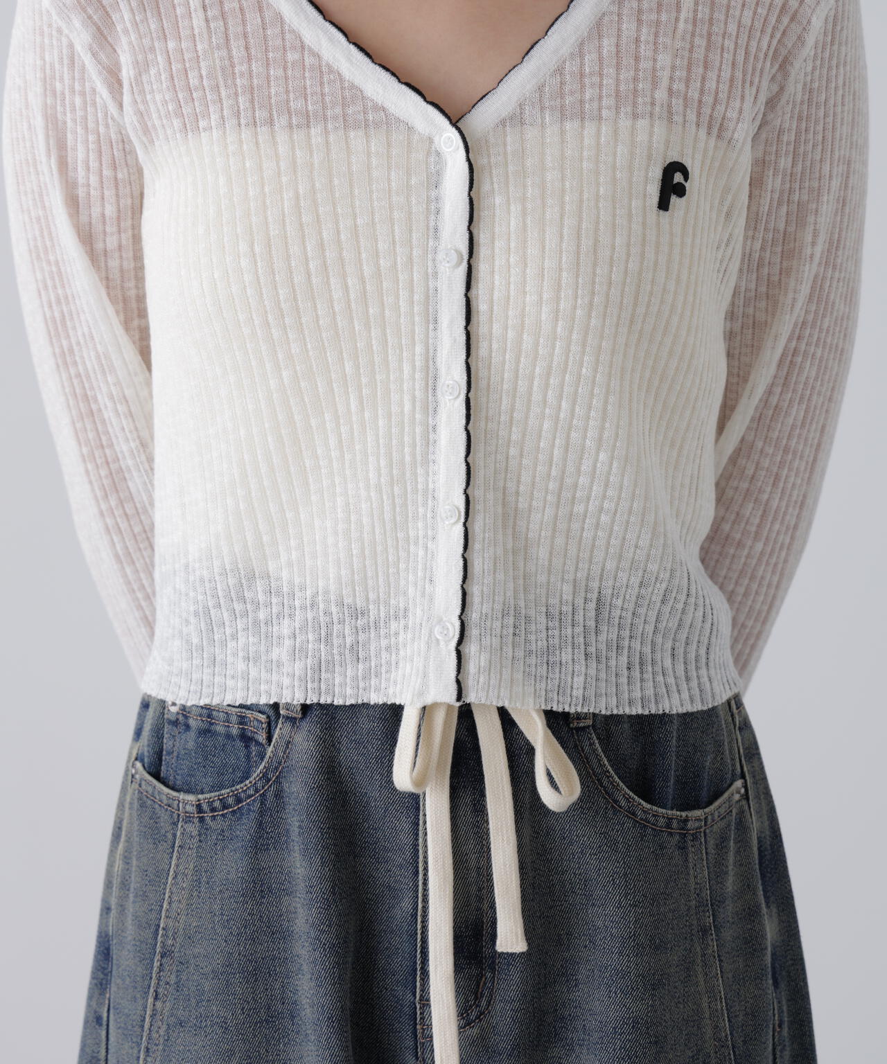 配色ラインスカラップシアーリブカーディガン