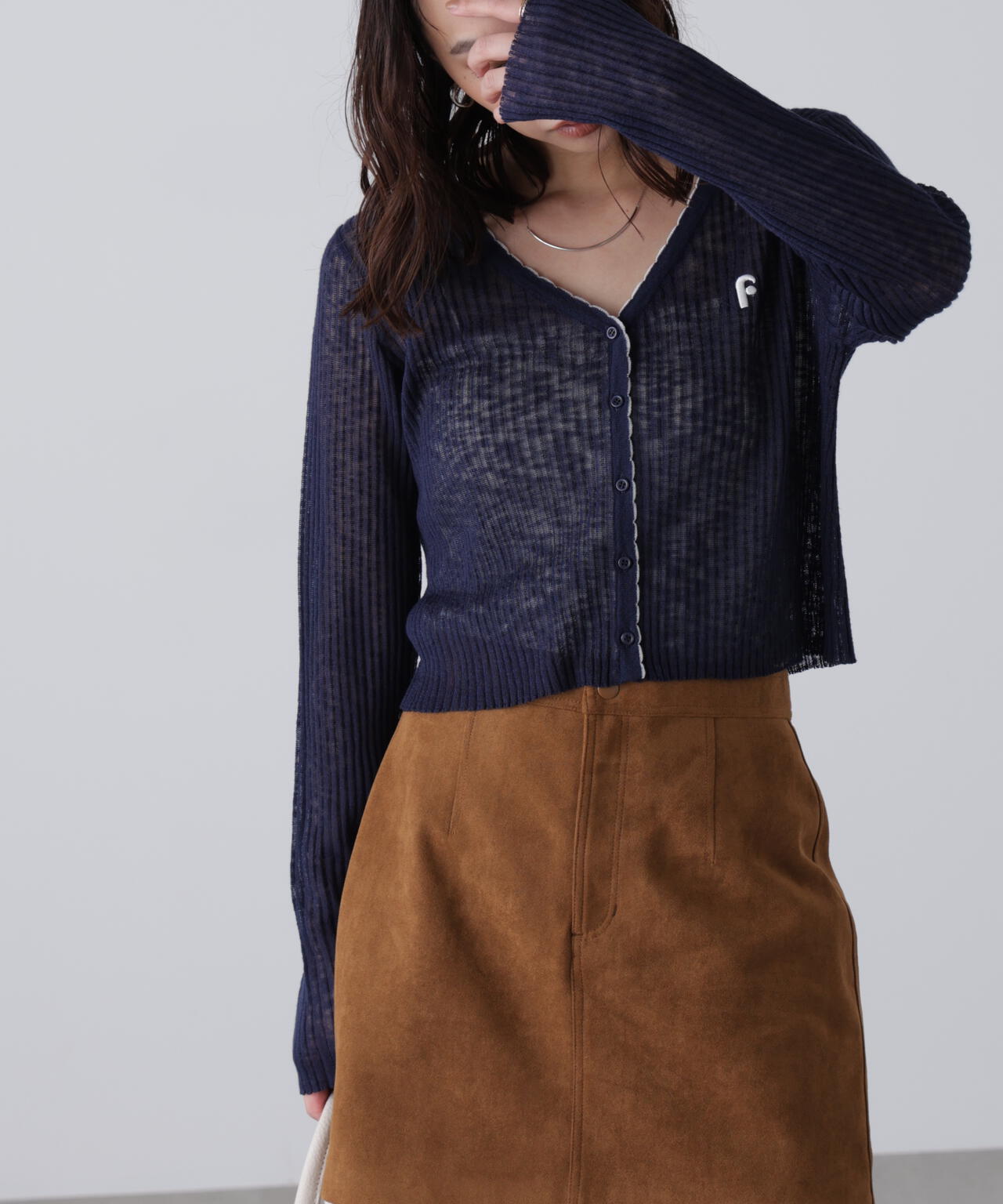 配色ラインスカラップシアーリブカーディガン