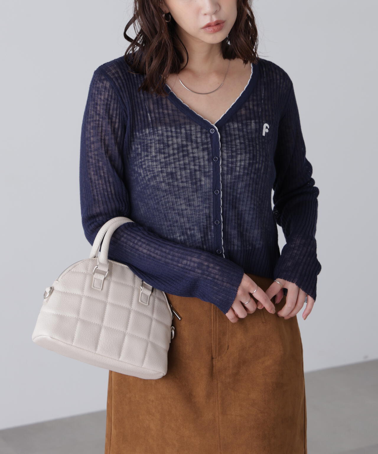 配色ラインスカラップシアーリブカーディガン