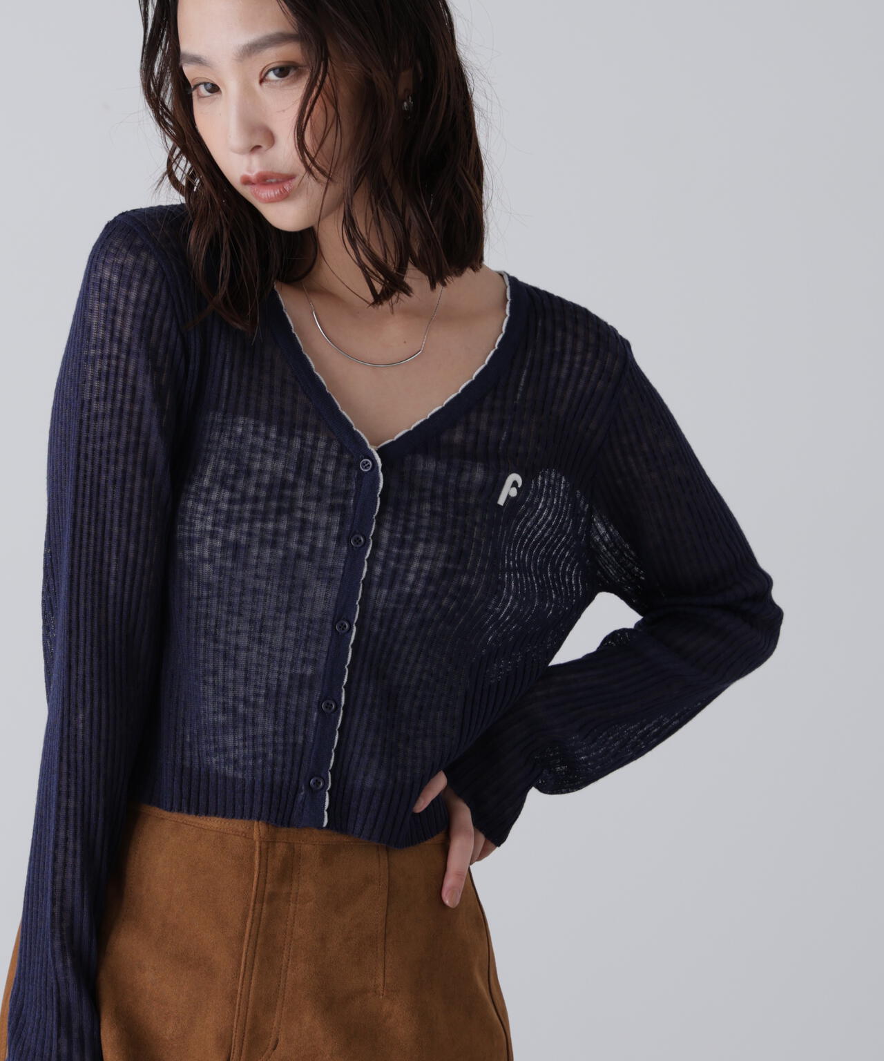 配色ラインスカラップシアーリブカーディガン