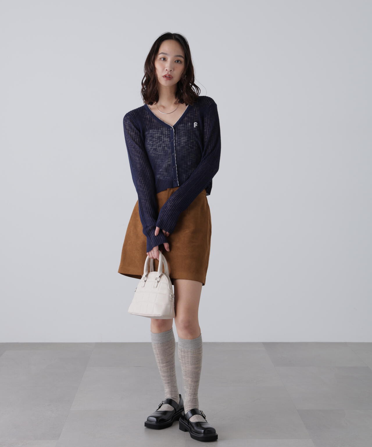 配色ラインスカラップシアーリブカーディガン