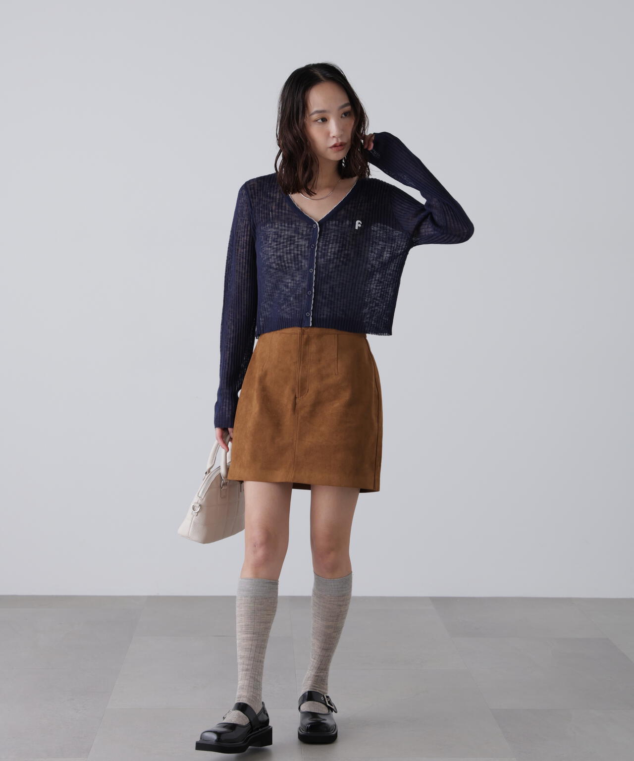 配色ラインスカラップシアーリブカーディガン