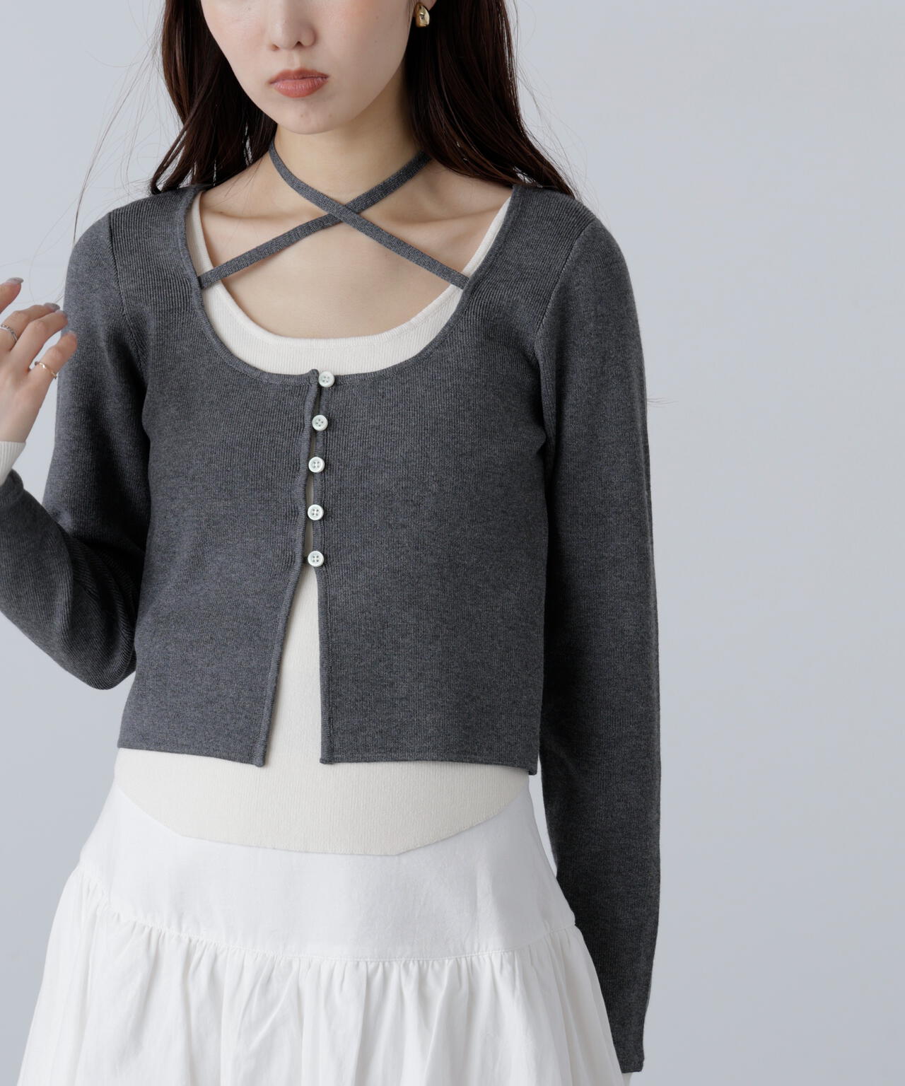 キャミレイヤードクルーネックニット