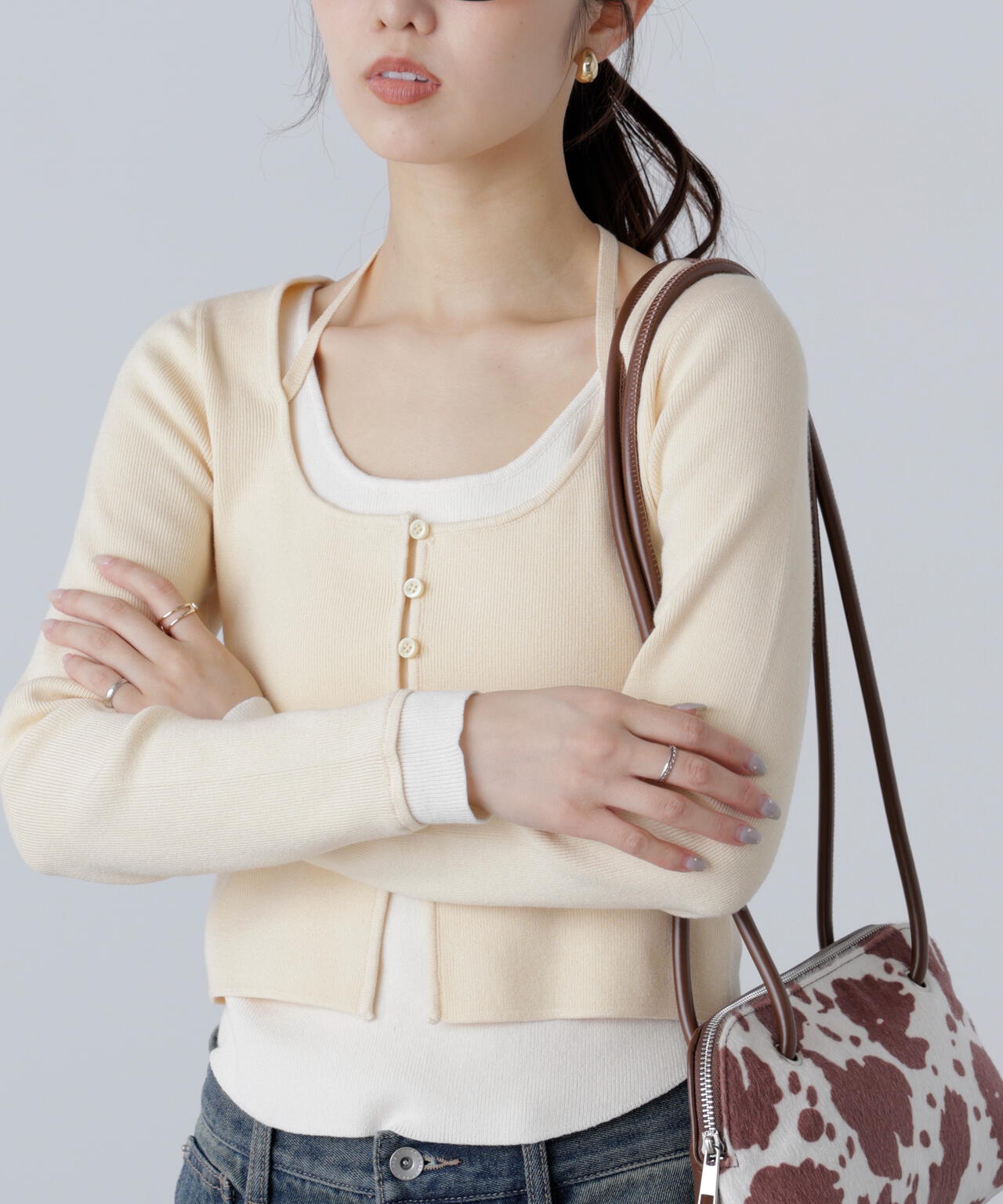 キャミレイヤードクルーネックニット