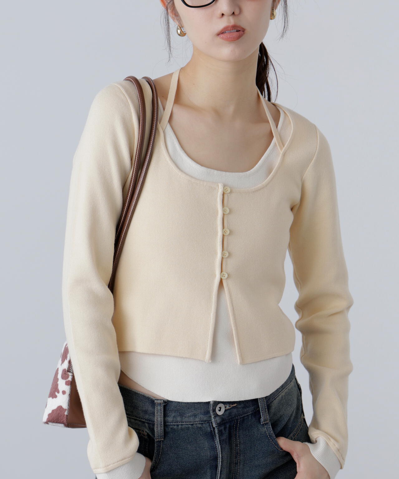 キャミレイヤードクルーネックニット