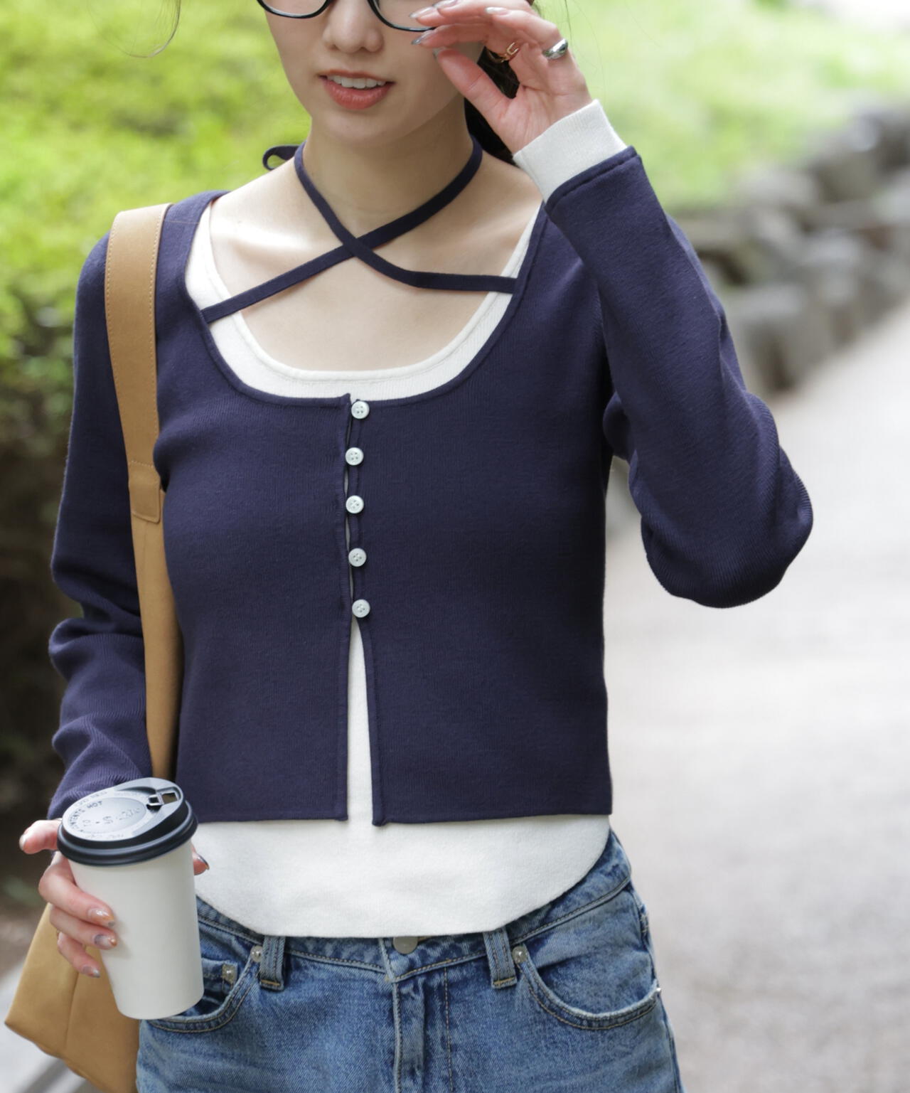 キャミレイヤードクルーネックニット