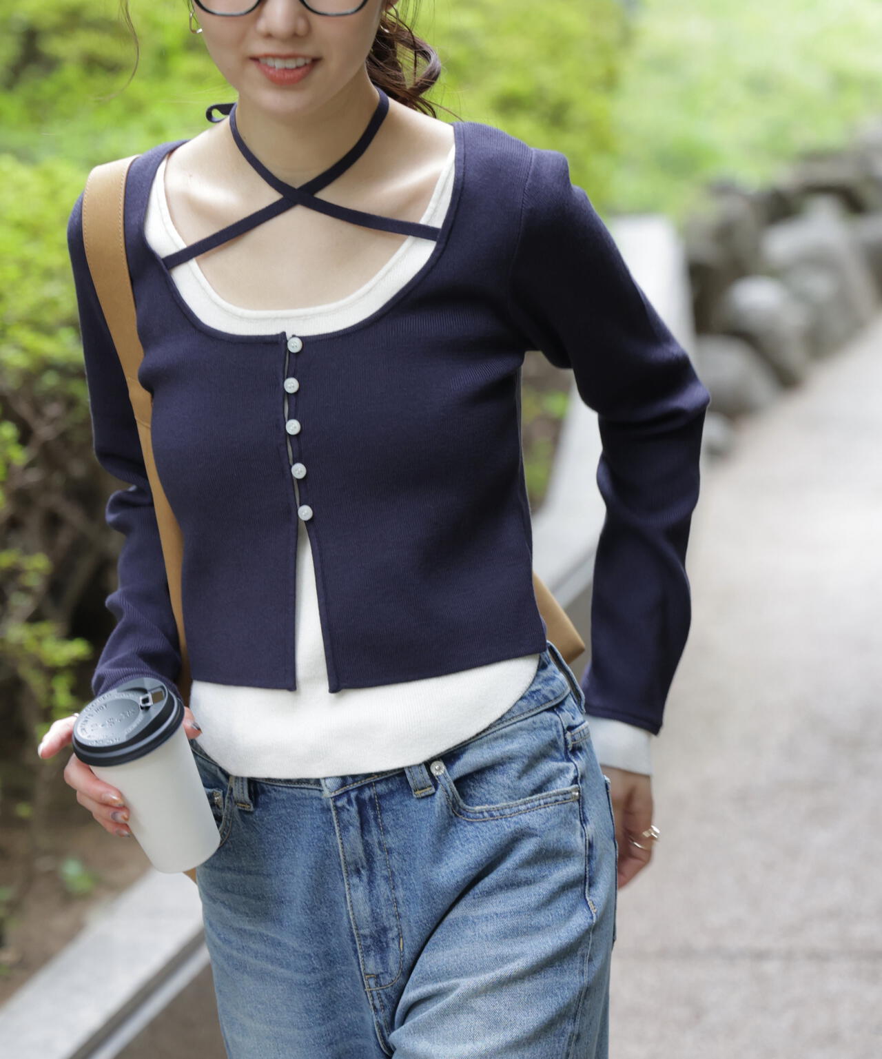 キャミレイヤードクルーネックニット