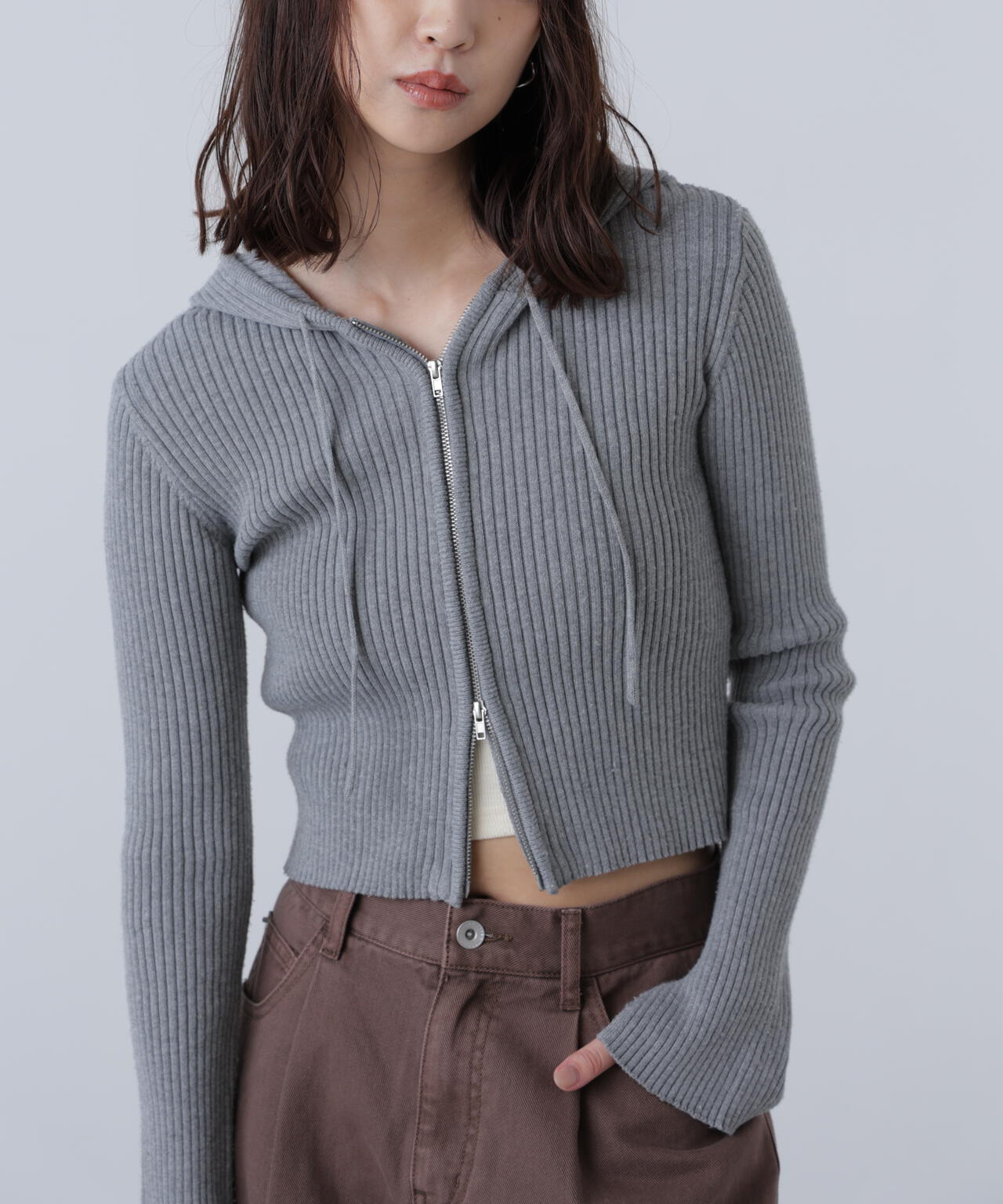 配色リブショート丈ニットパーカー