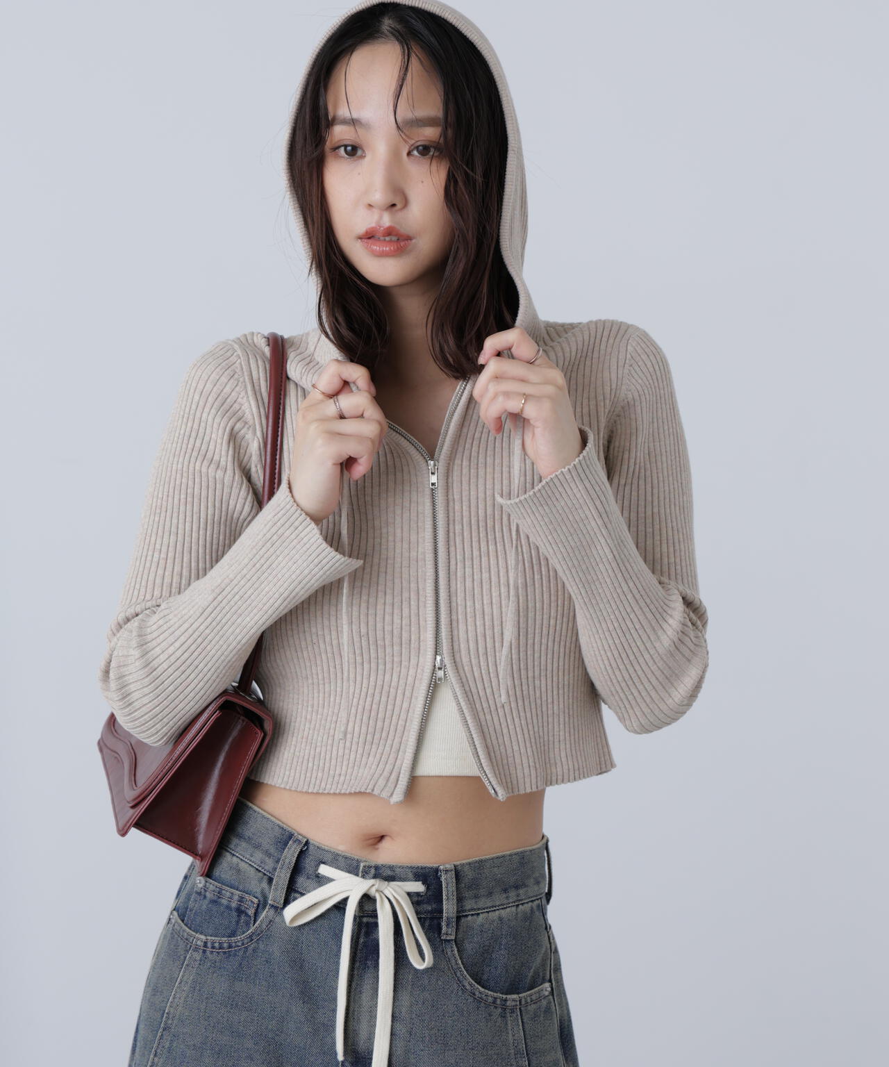 配色リブショート丈ニットパーカー