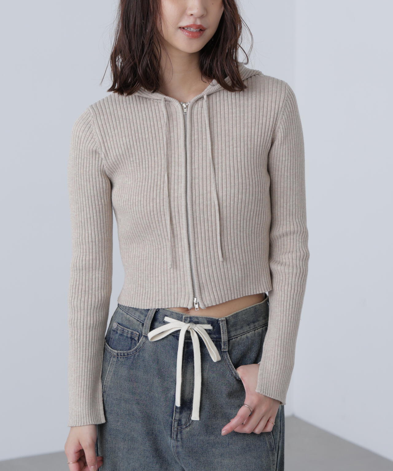 配色リブショート丈ニットパーカー