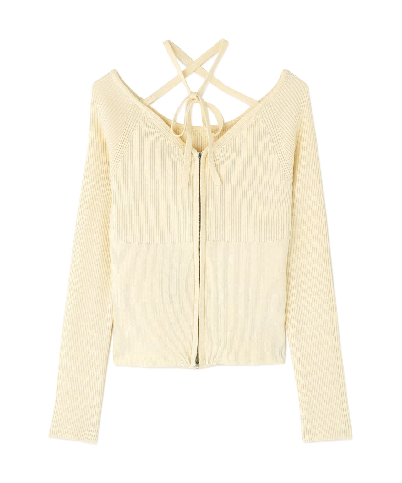 ジップアップオフショルダーリブニット