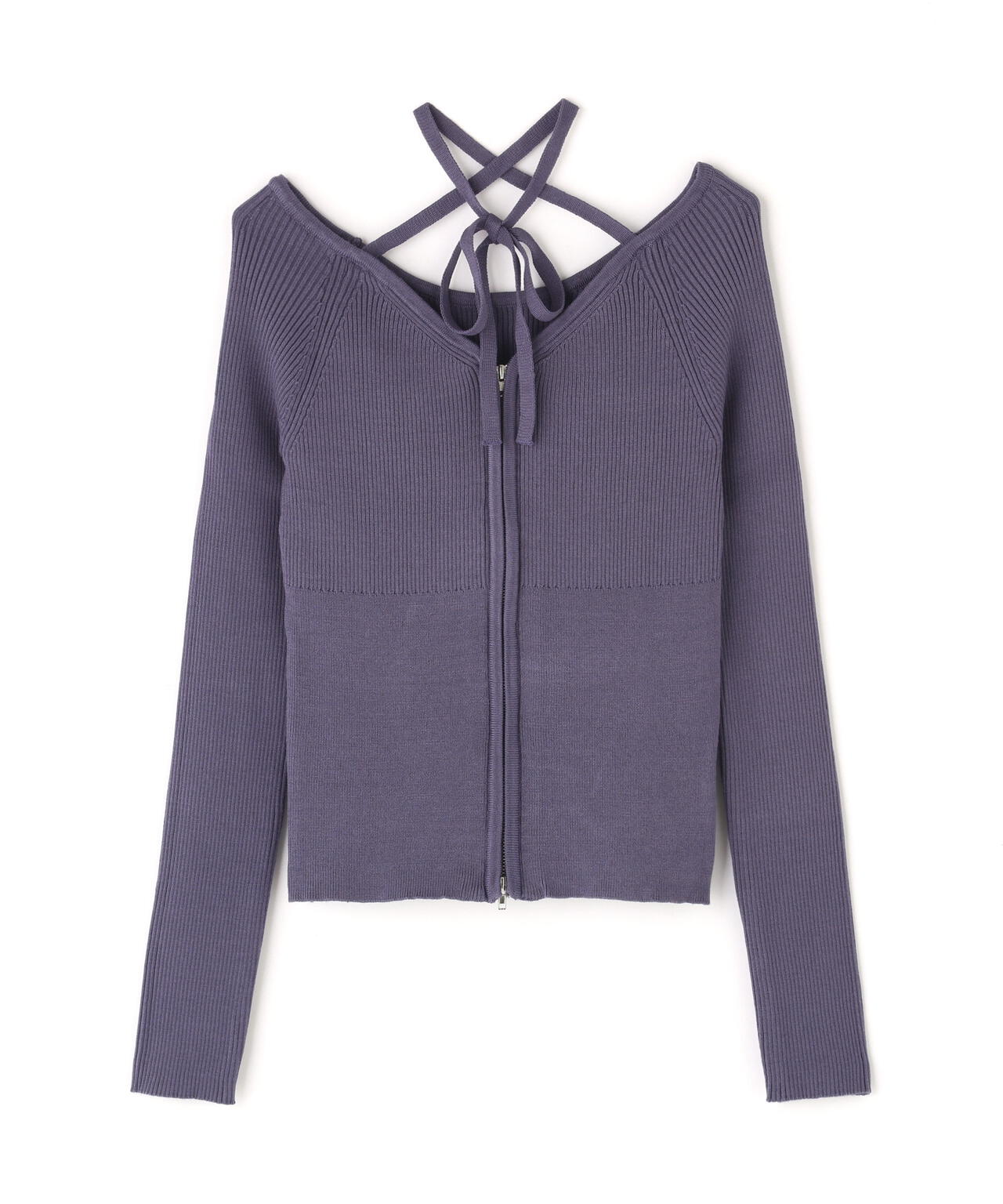ジップアップオフショルダーリブニット
