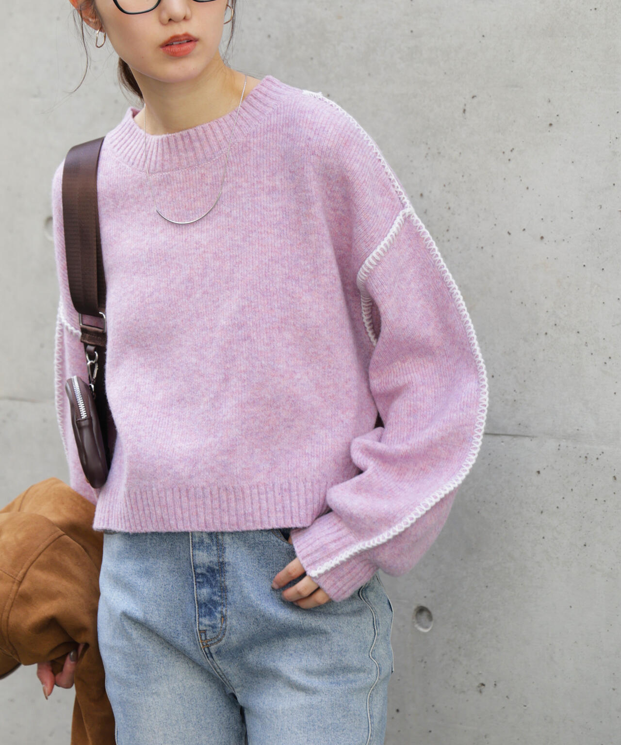 杢ストレッチ総針配色ステッチニット