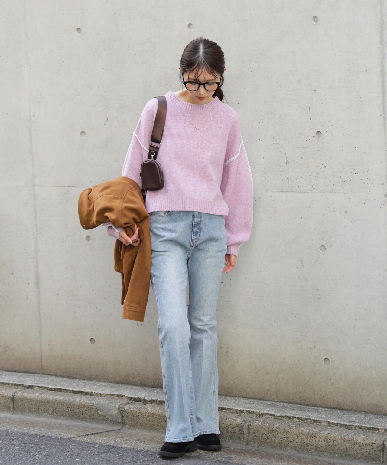 杢ストレッチ総針配色ステッチニット