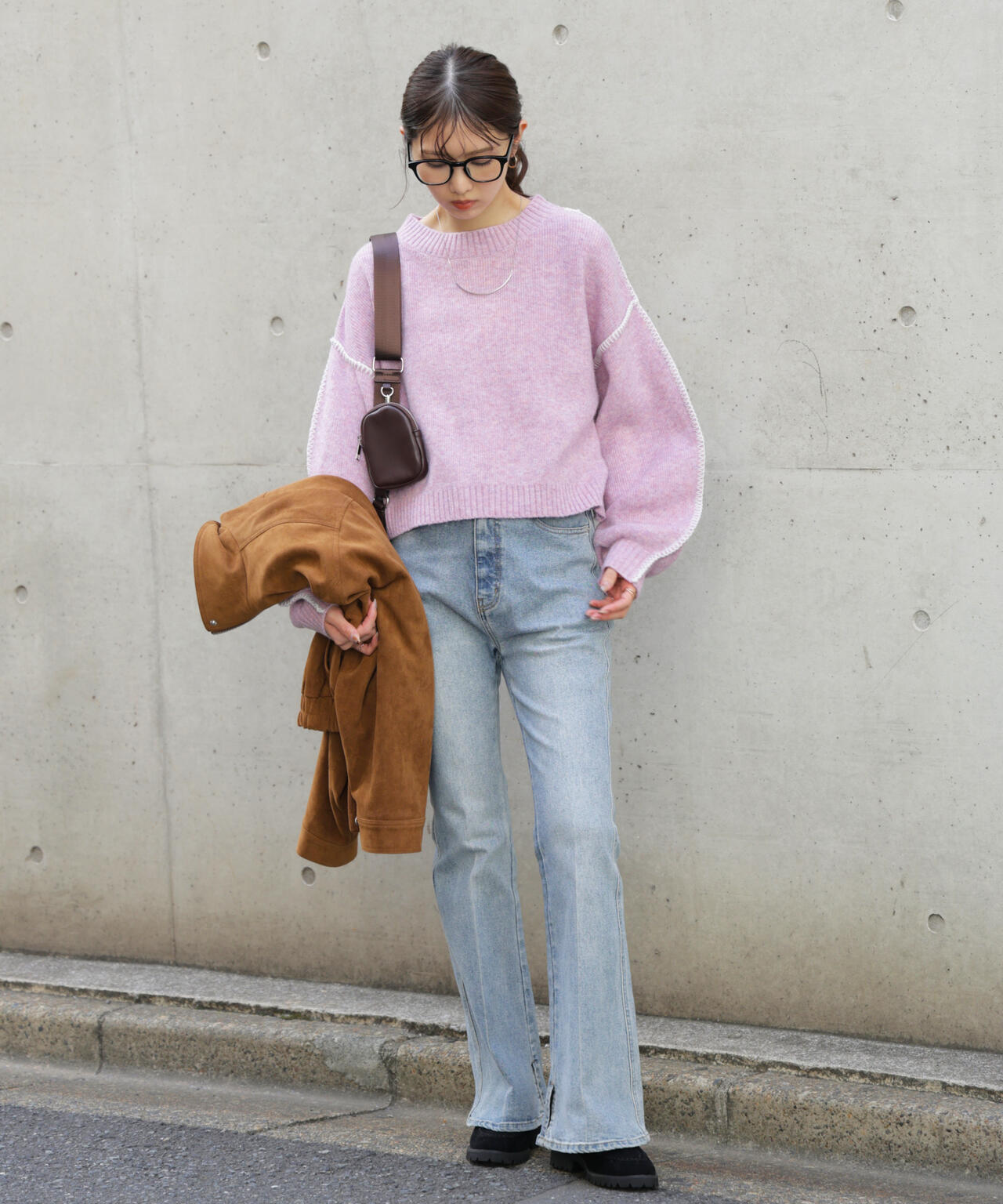 杢ストレッチ総針配色ステッチニット