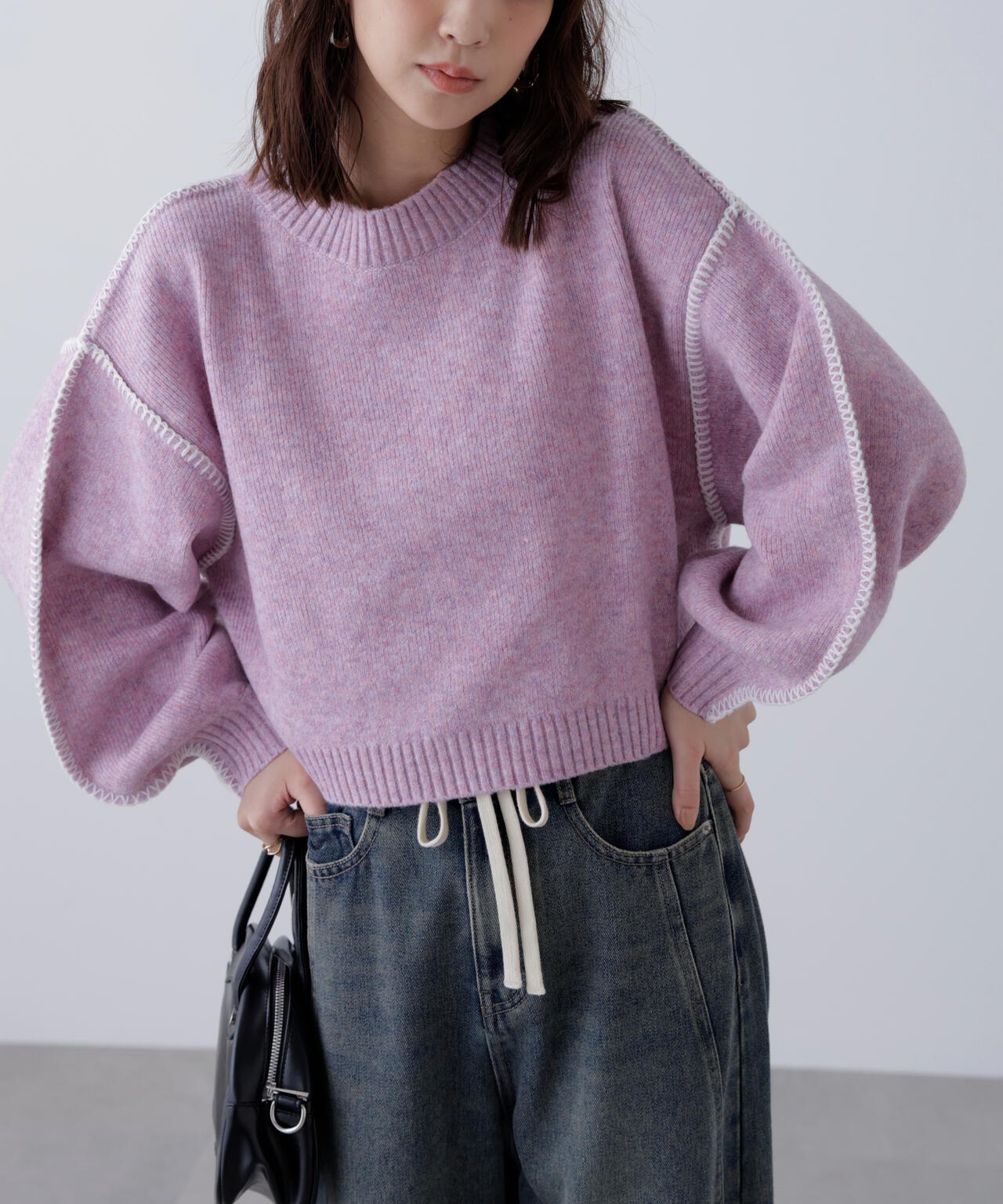 杢ストレッチ総針配色ステッチニット