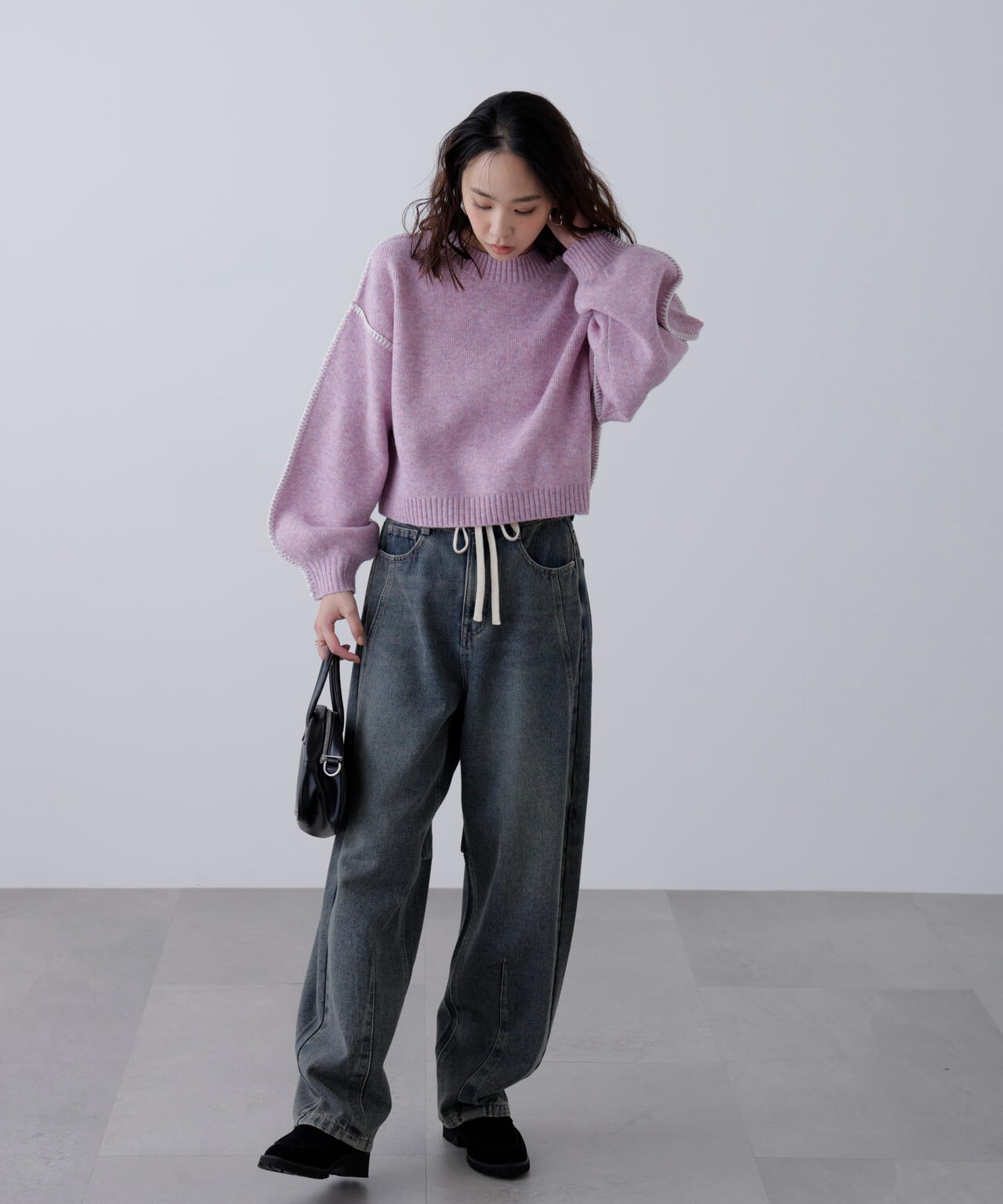 杢ストレッチ総針配色ステッチニット