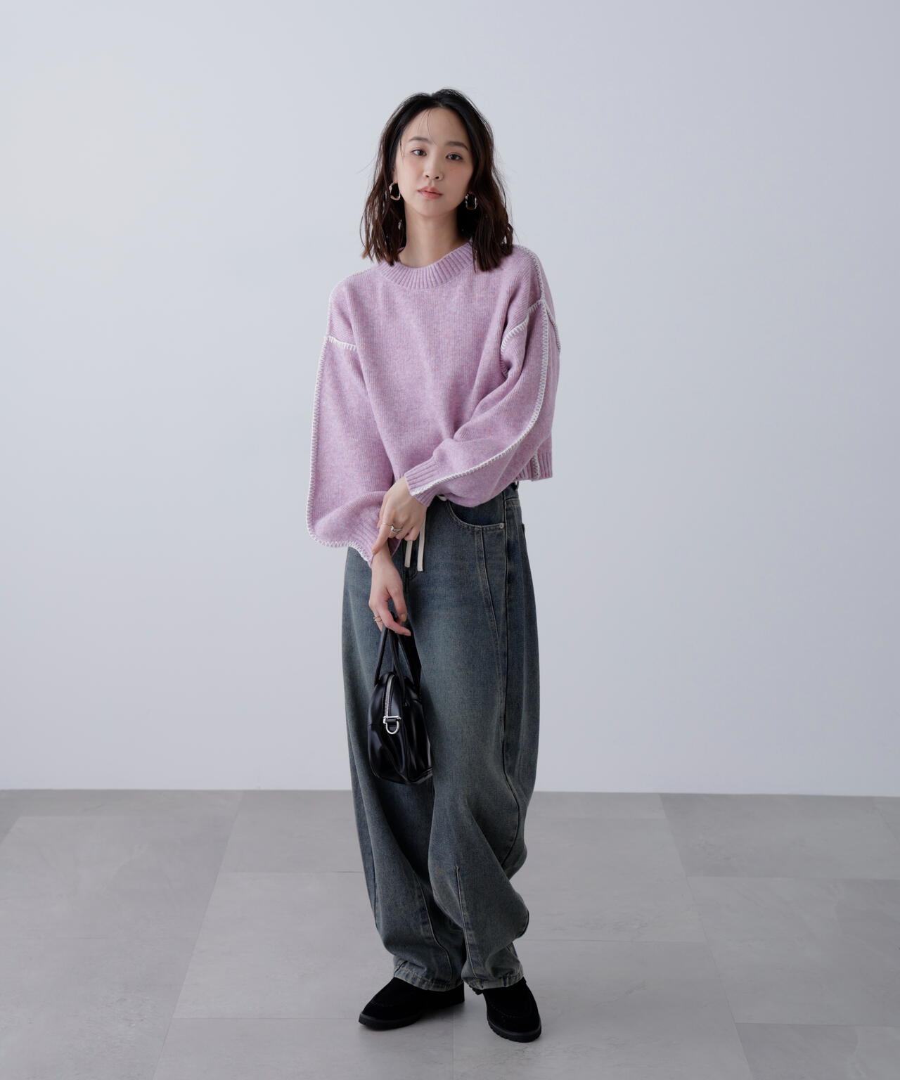 杢ストレッチ総針配色ステッチニット